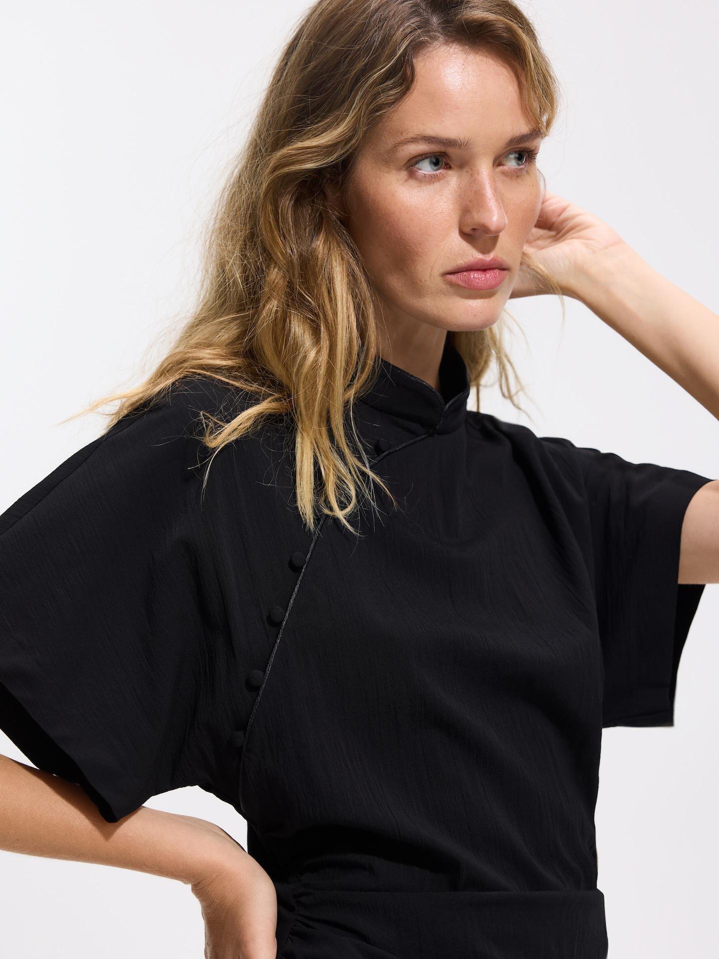 Black Mini Dress With Gathered Details, Black, large image number 3