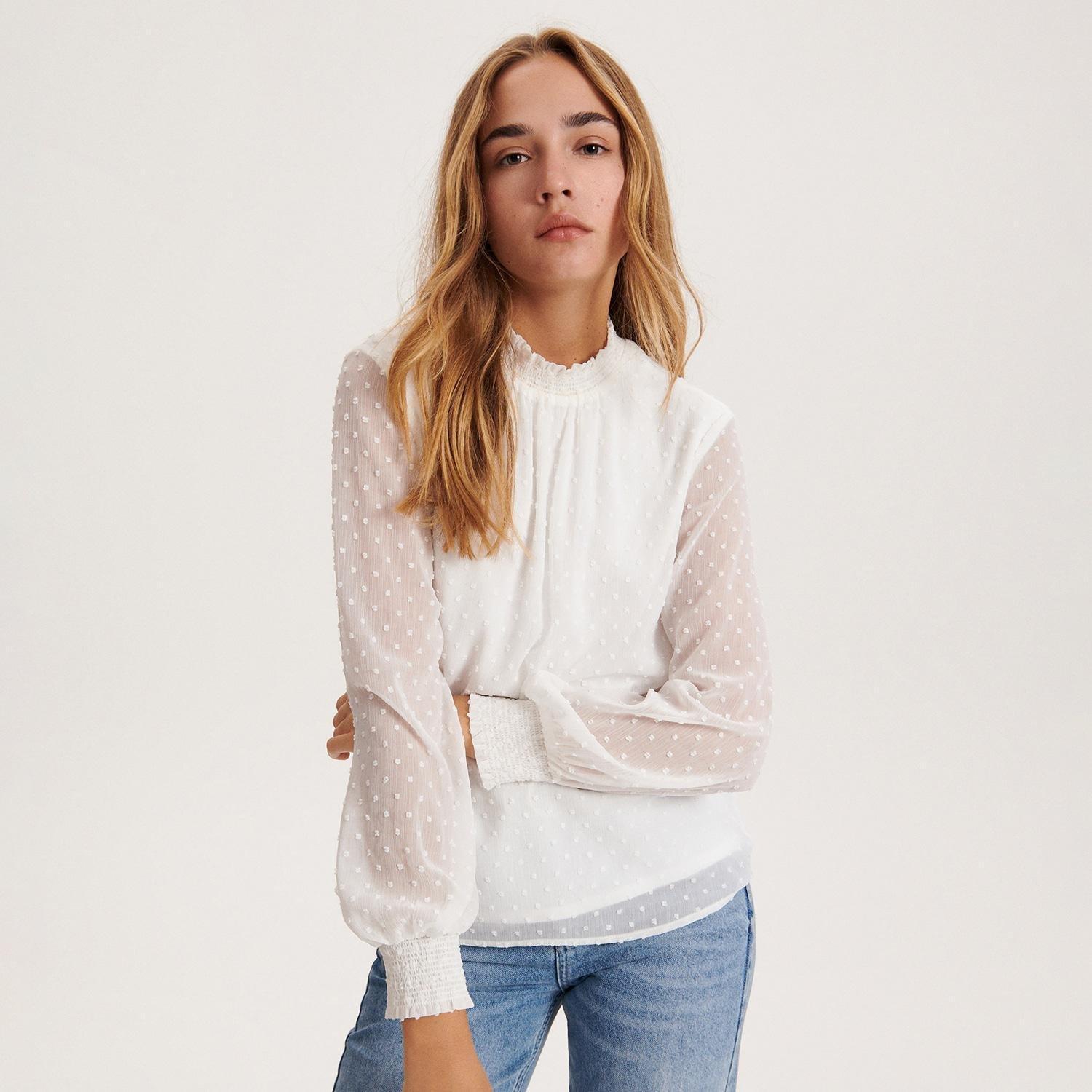 Cream Blouse With Stand Up Collar, , large image number 0