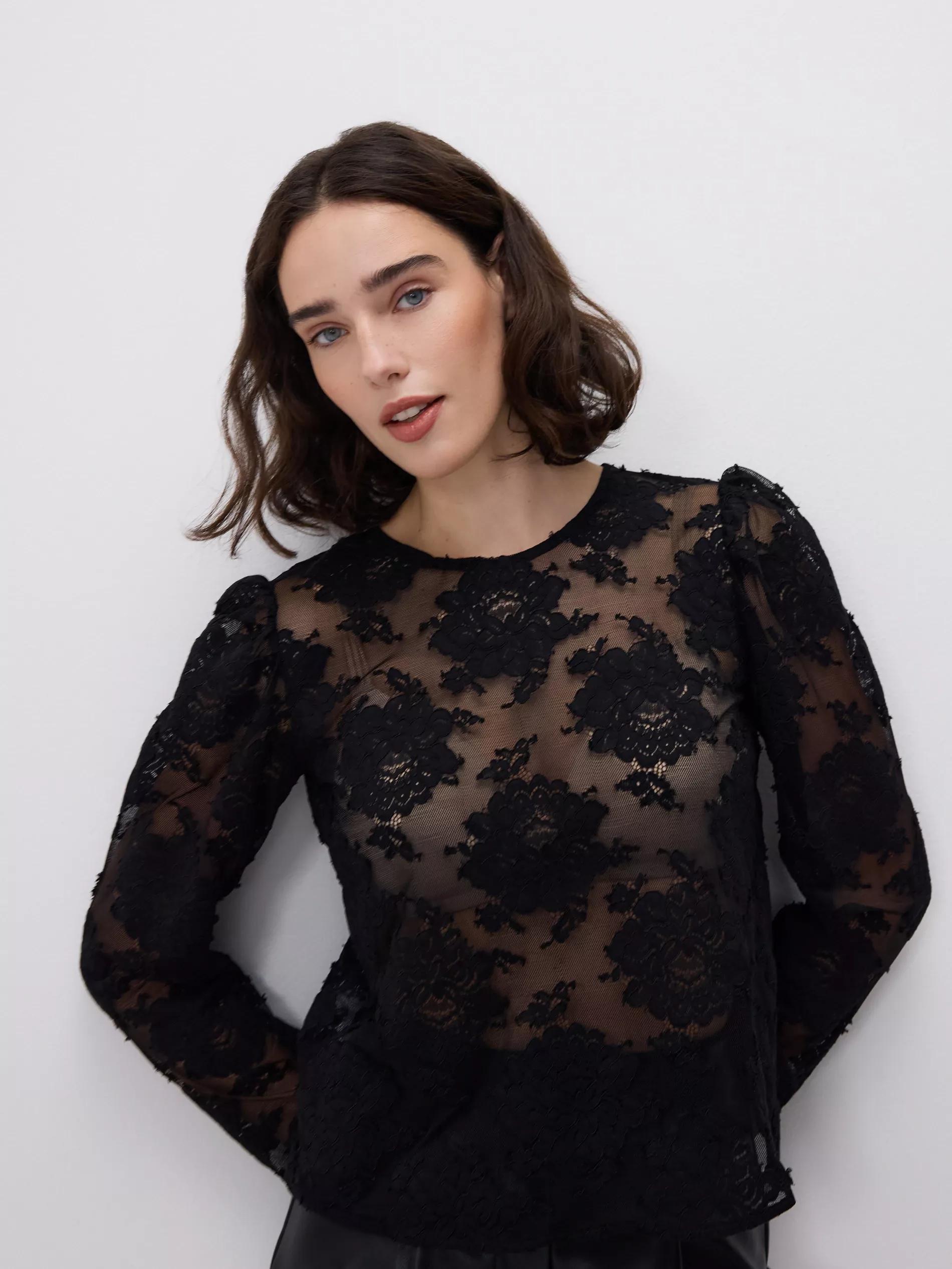 Black Blouse With Embroidery Detailing, Black, large image number 2