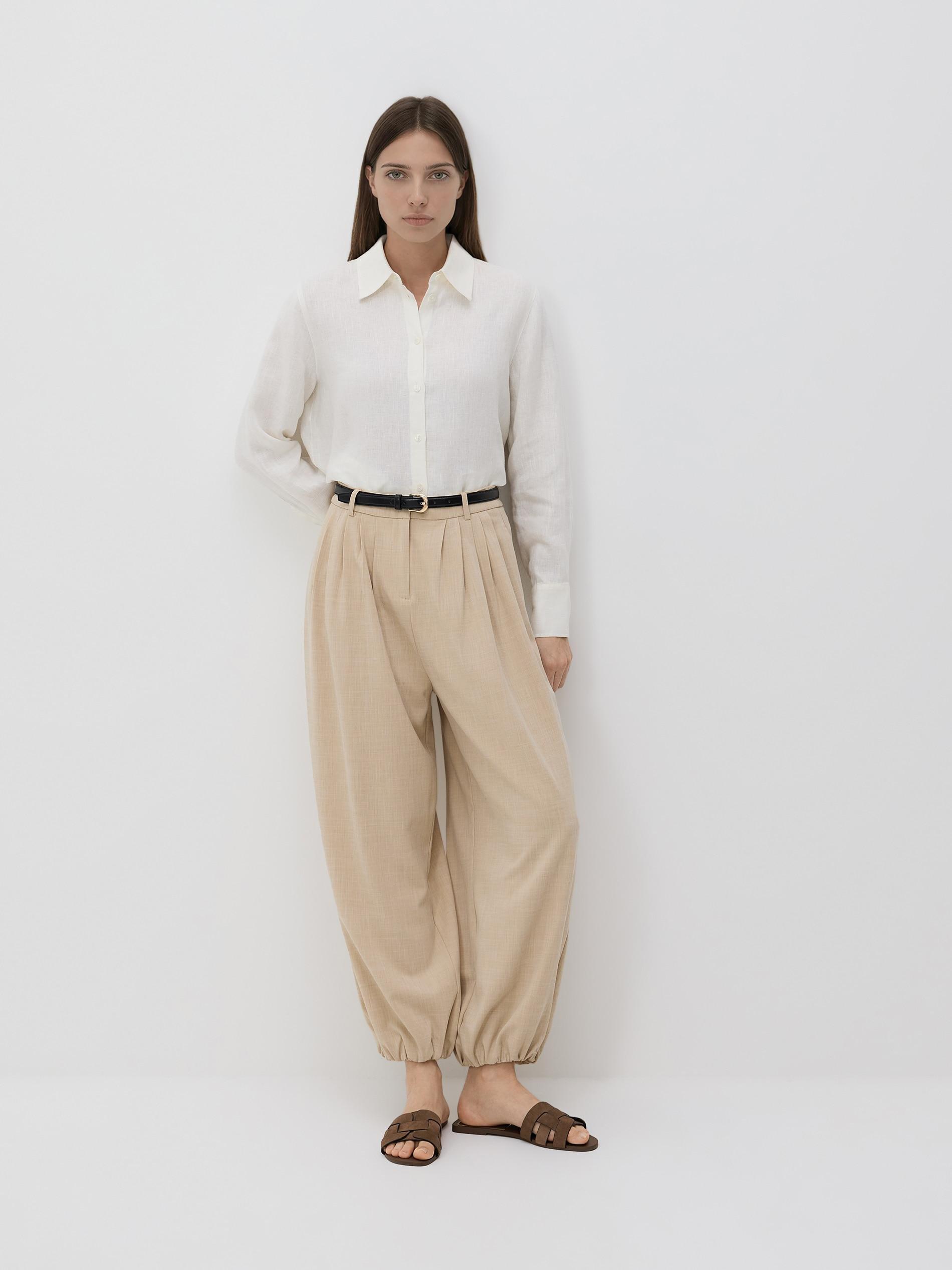 Beige Balloon Trousers With Belt, Beige, medium