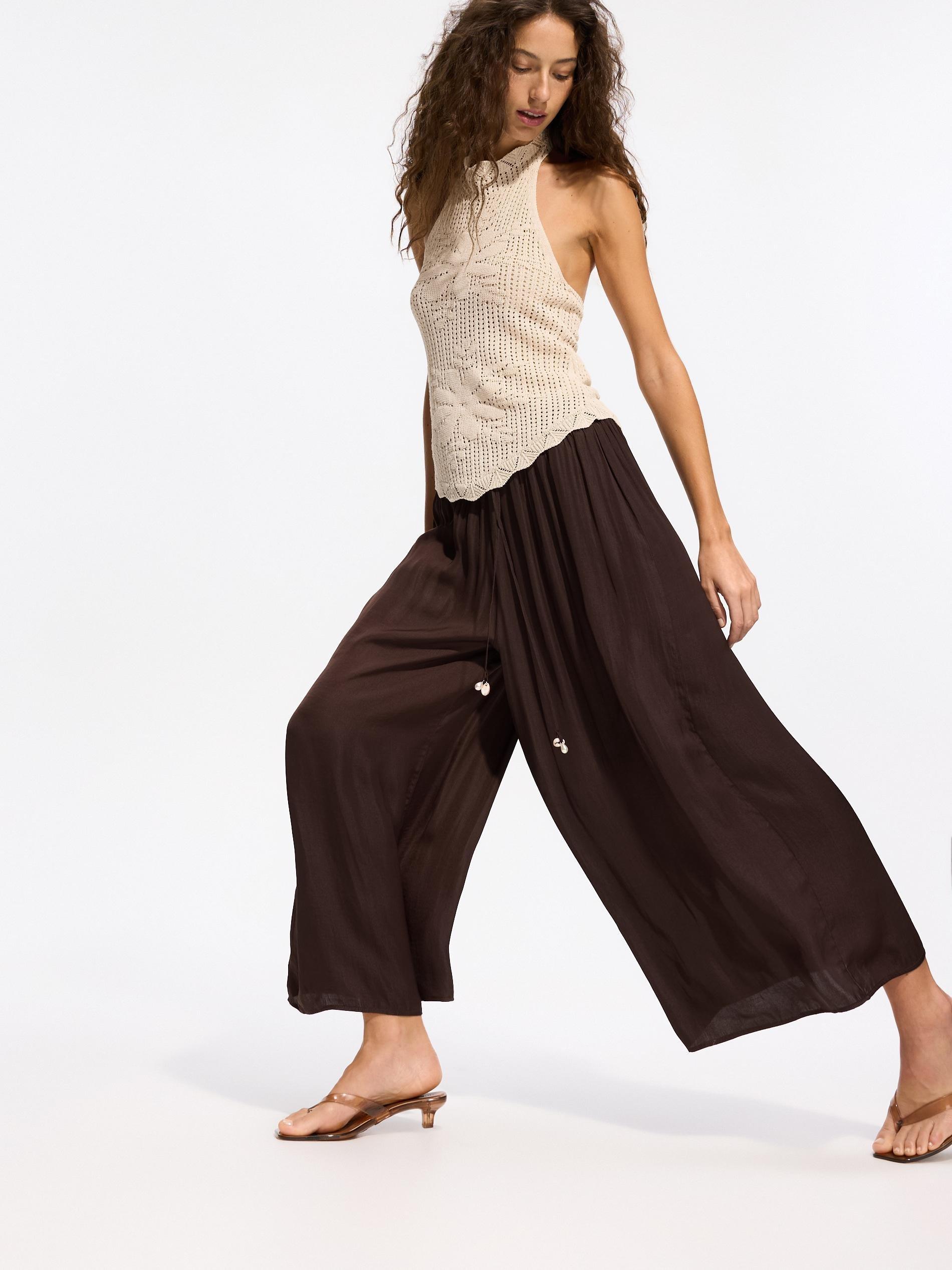 Brown Loose Trousers With Beads, Brown, large image number 0