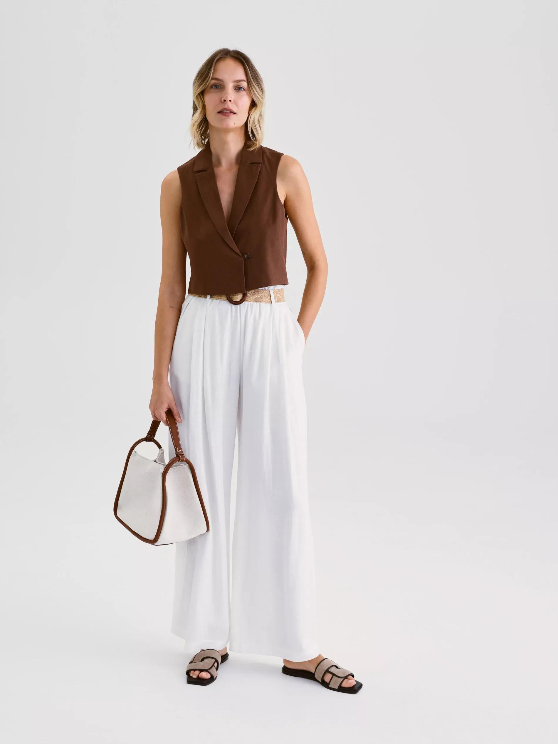 Cream Linen Wide Leg Trousers, , large image number 0