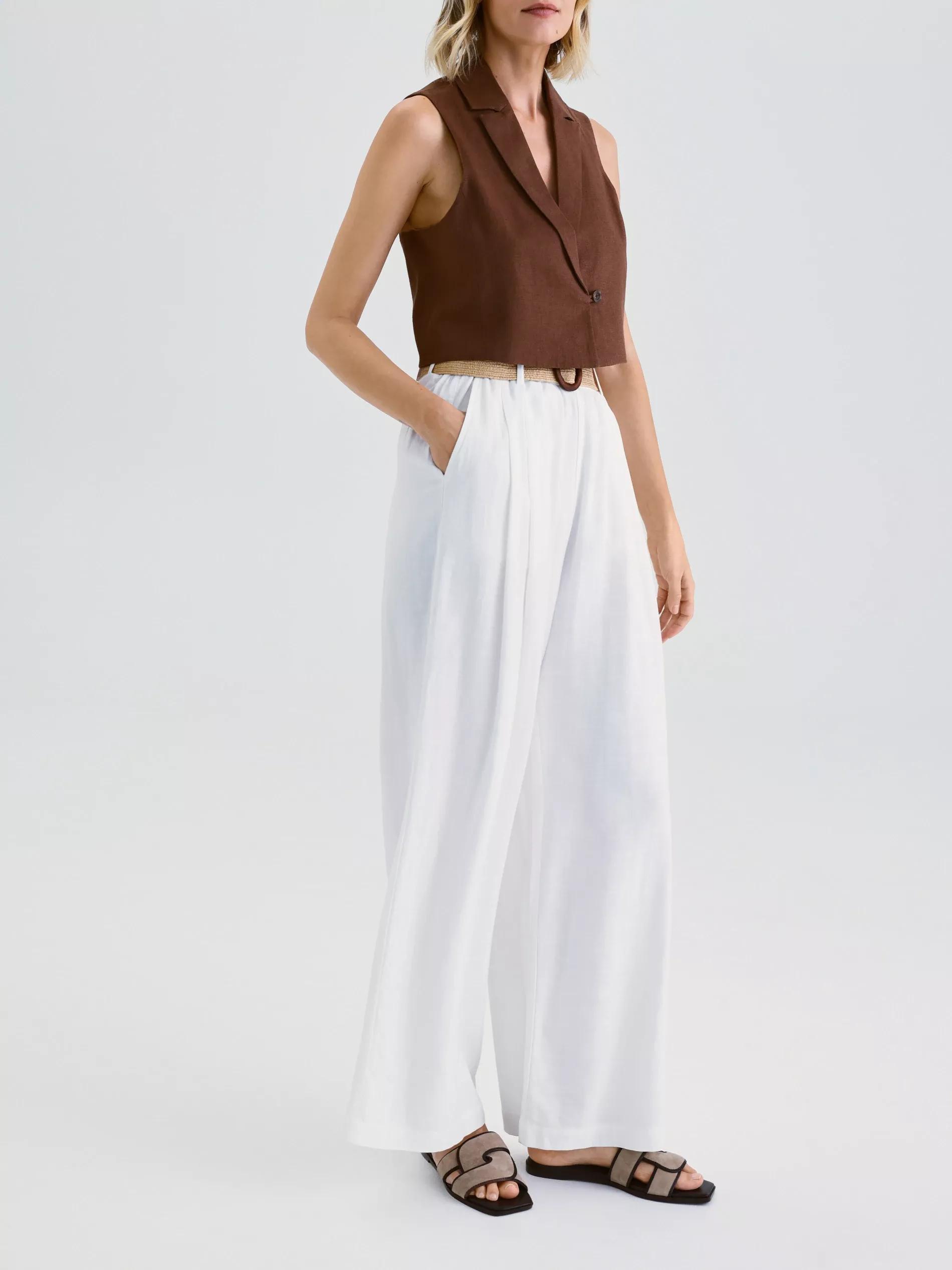Cream Linen Wide Leg Trousers, , large image number 1