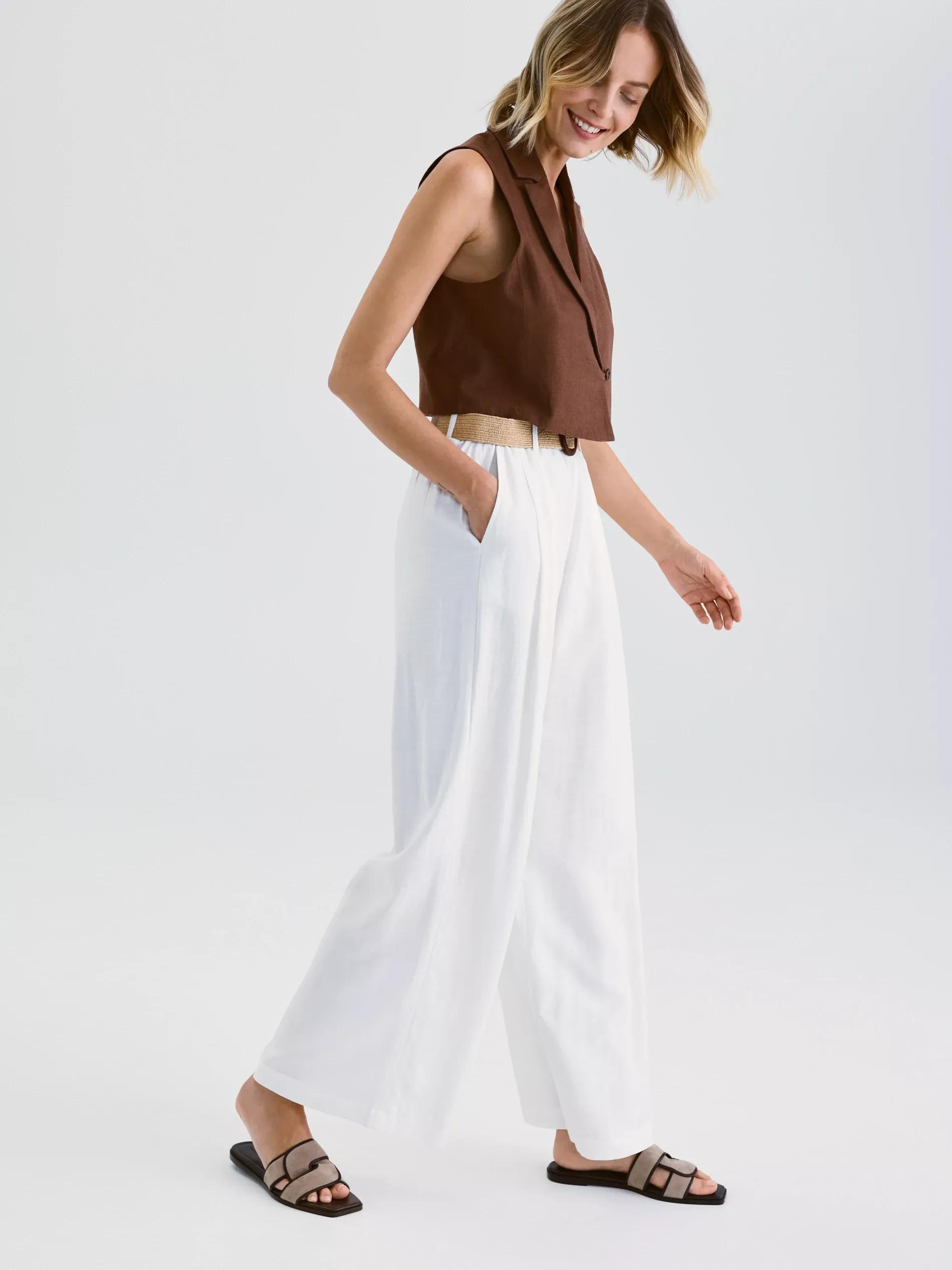 Cream Linen Wide Leg Trousers, , large image number 3