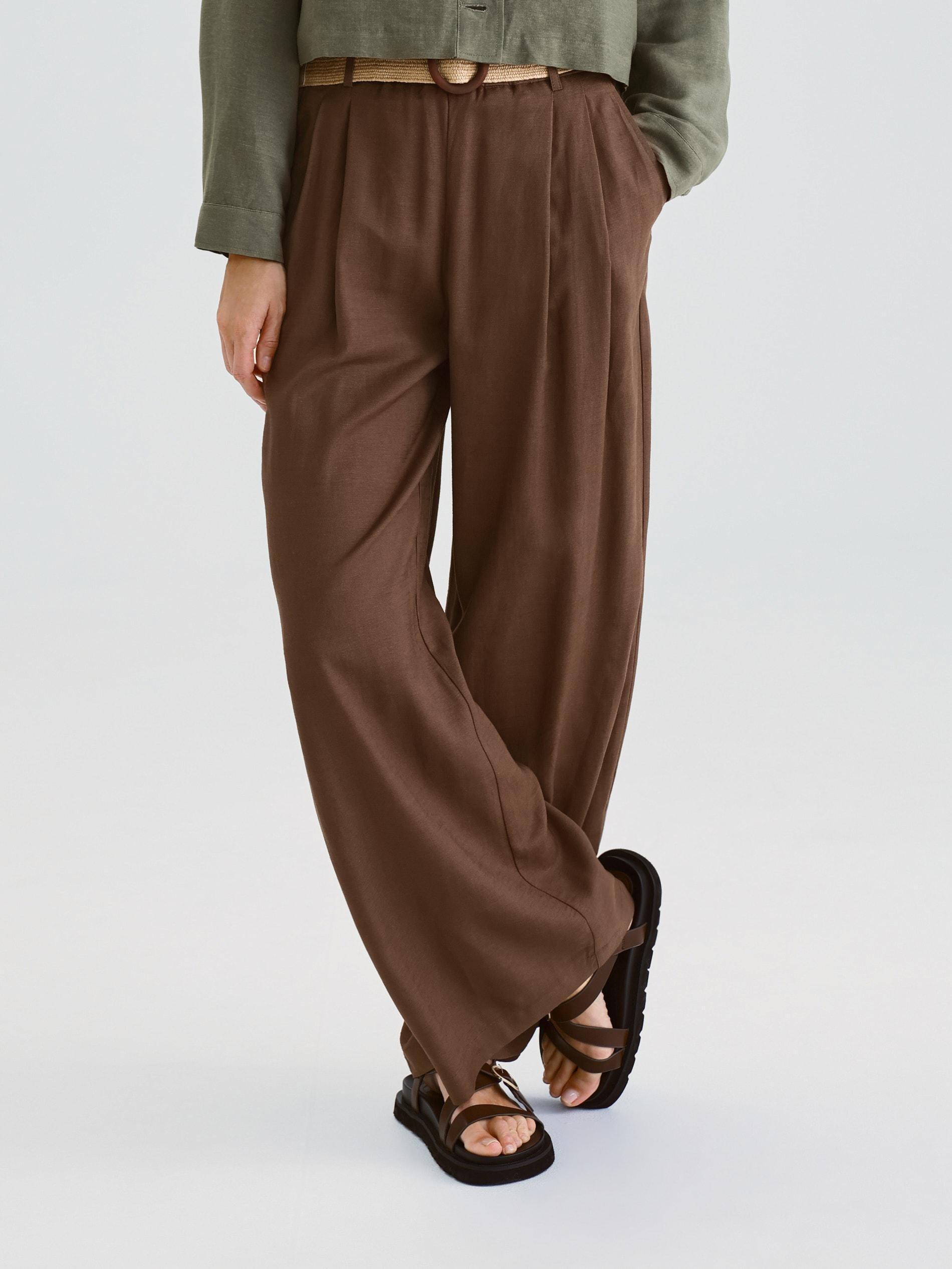 Brown Linen Wide Leg Trousers, Brown, large image number 1