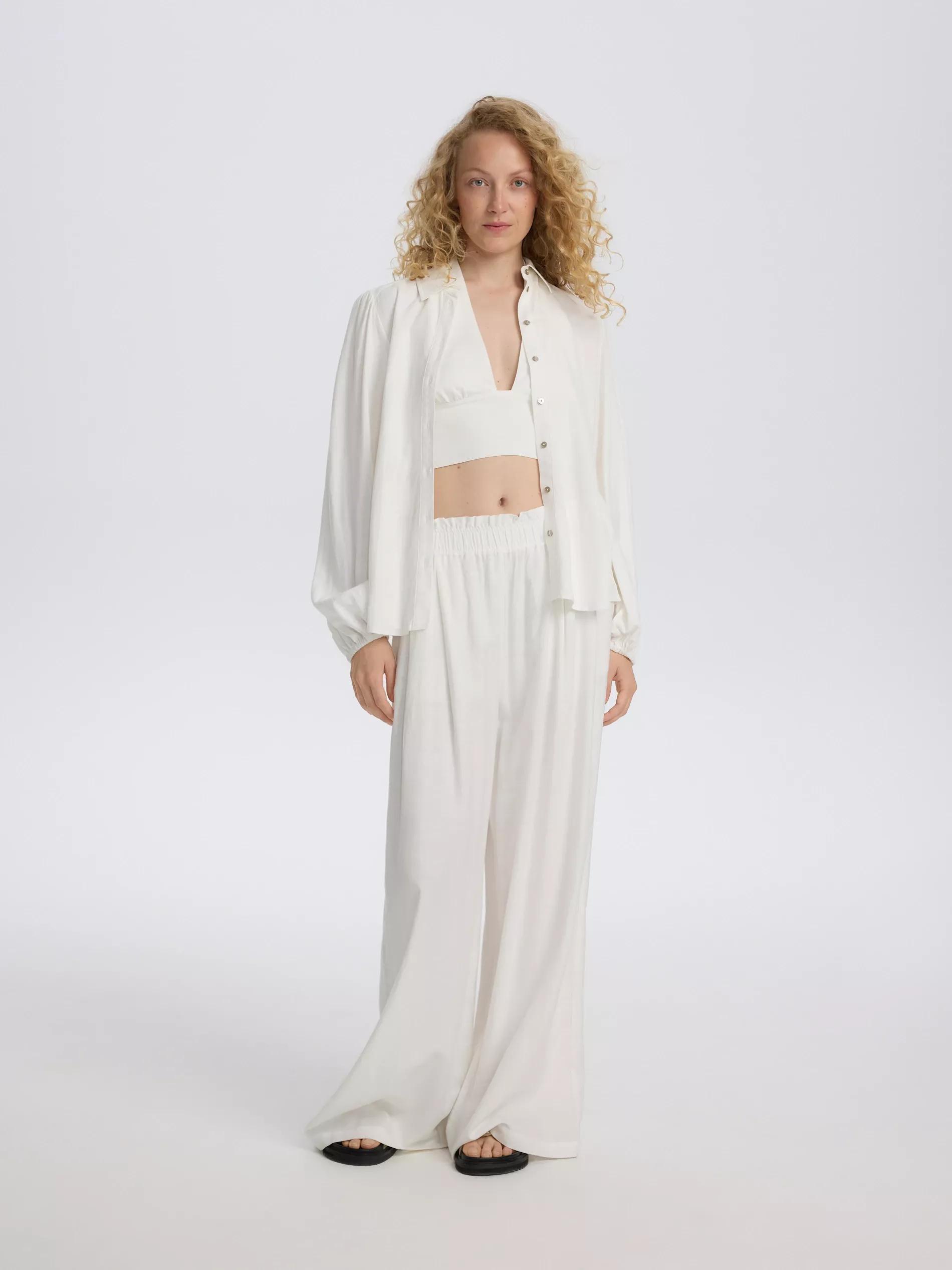 Cream Linen Rich Wide Leg Trousers, Ivory, large image number 0