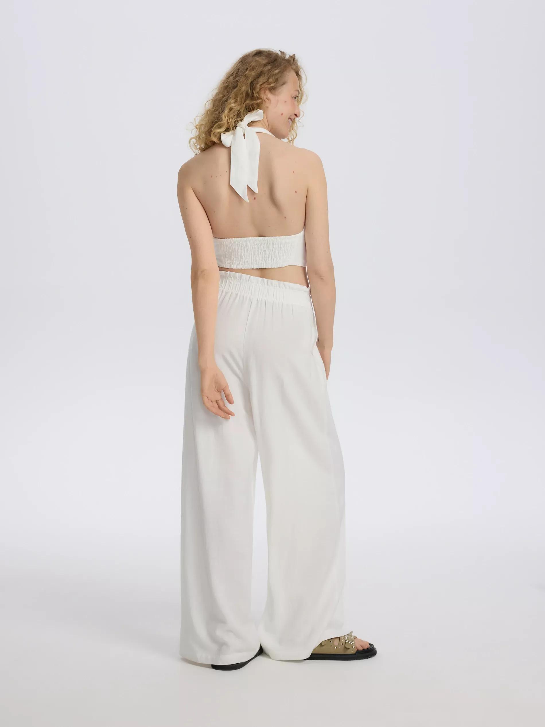 Cream Linen Rich Wide Leg Trousers, Ivory, large image number 2
