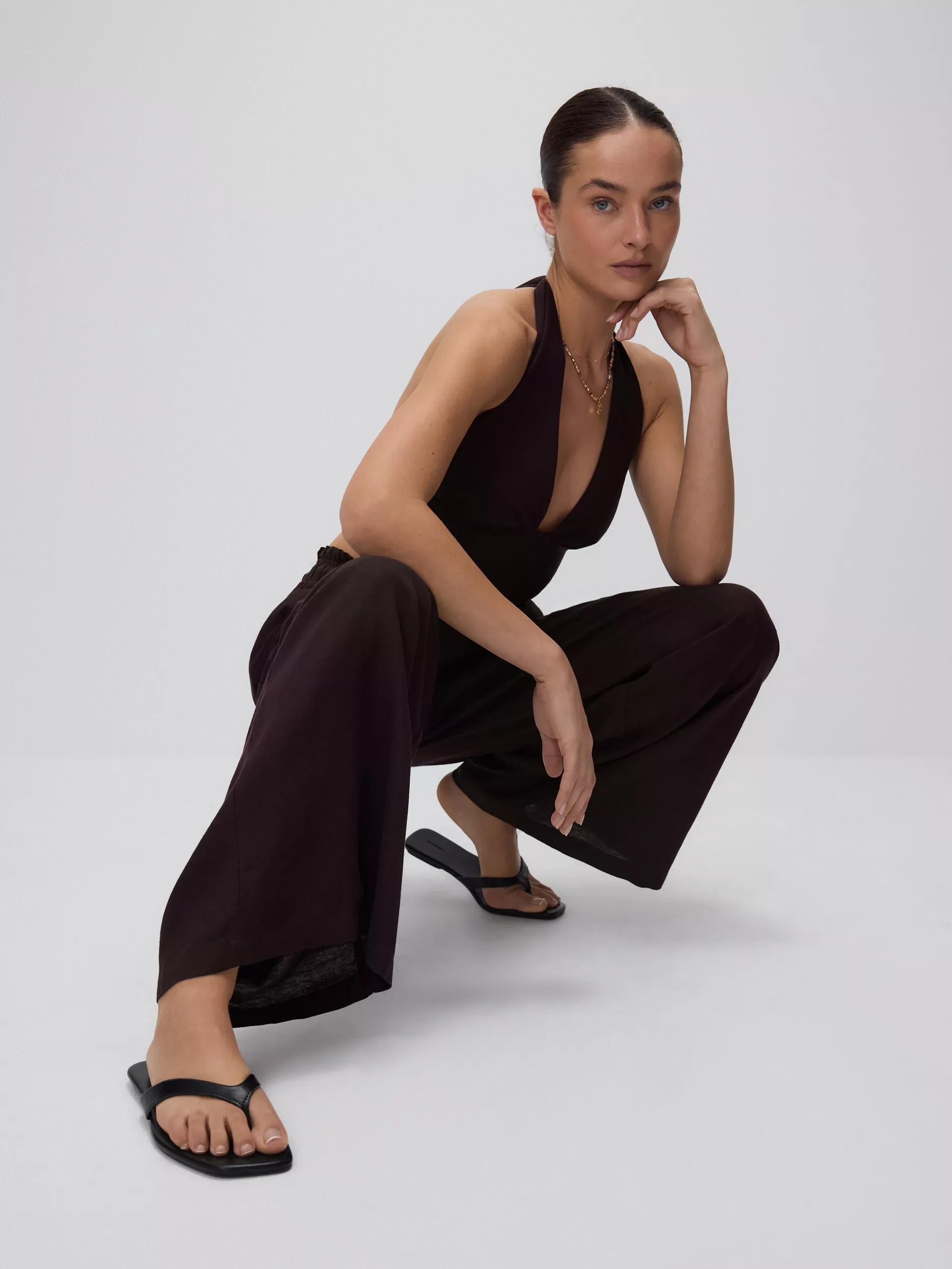 Brown Linen Rich Wide Leg Trousers, , large image number 4