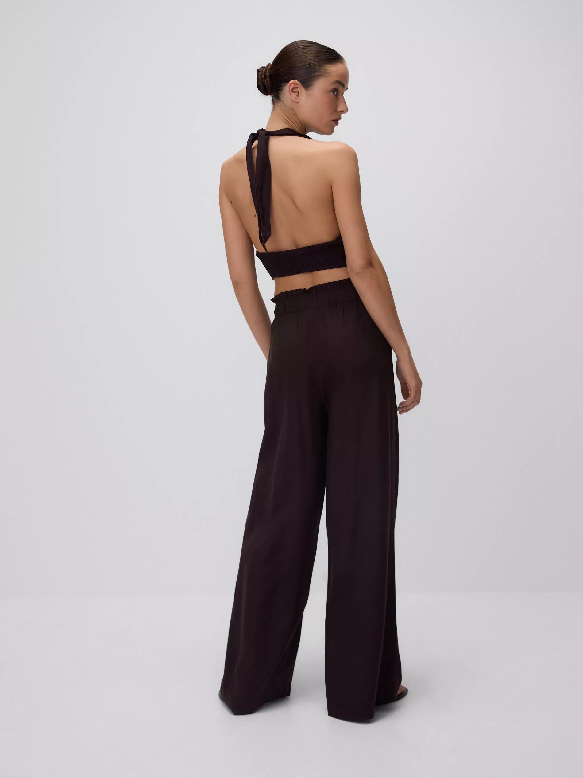 Brown Linen Rich Wide Leg Trousers, , large image number 5