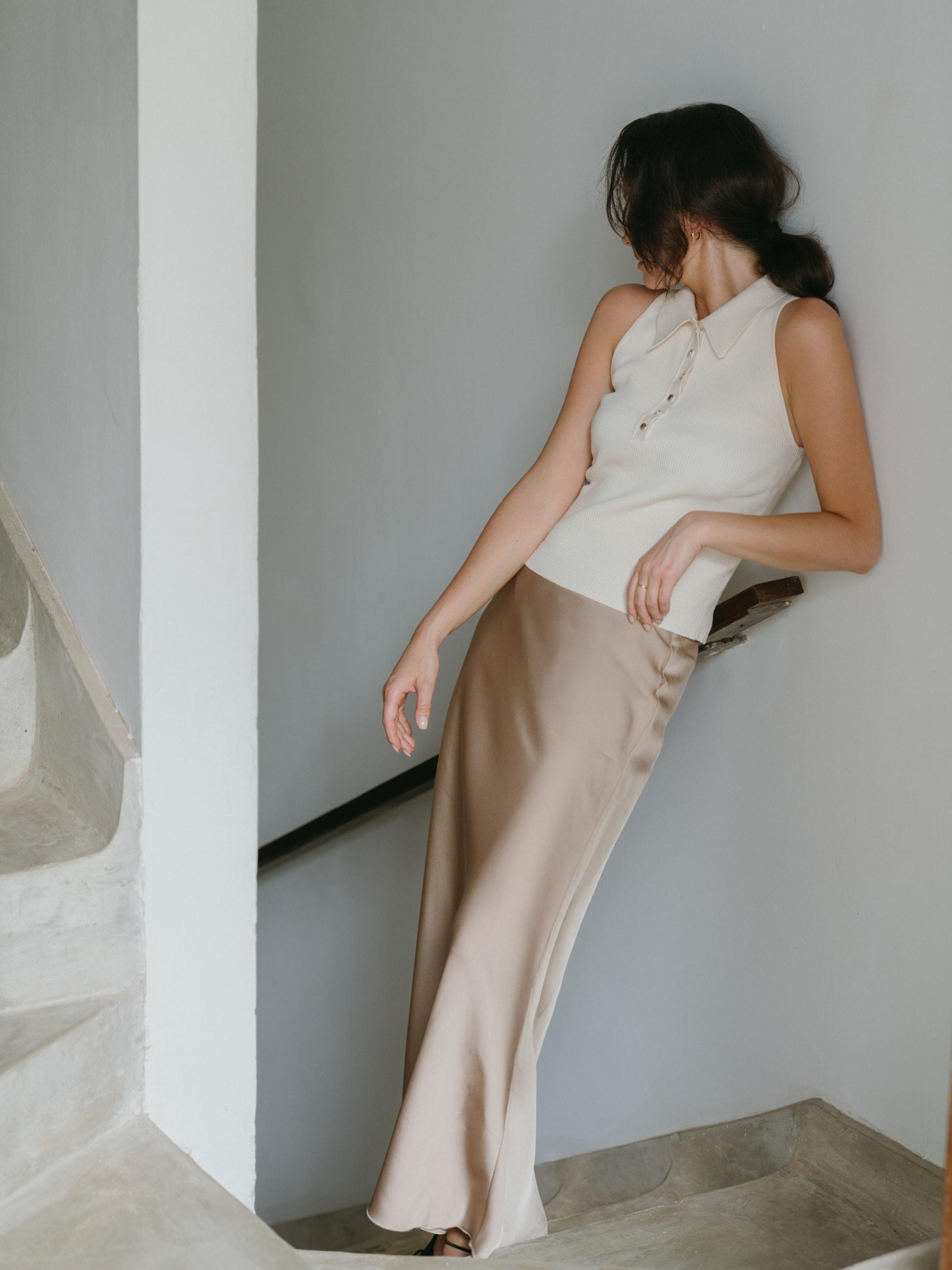 Beige Satin Maxi Skirt, , large image number 0