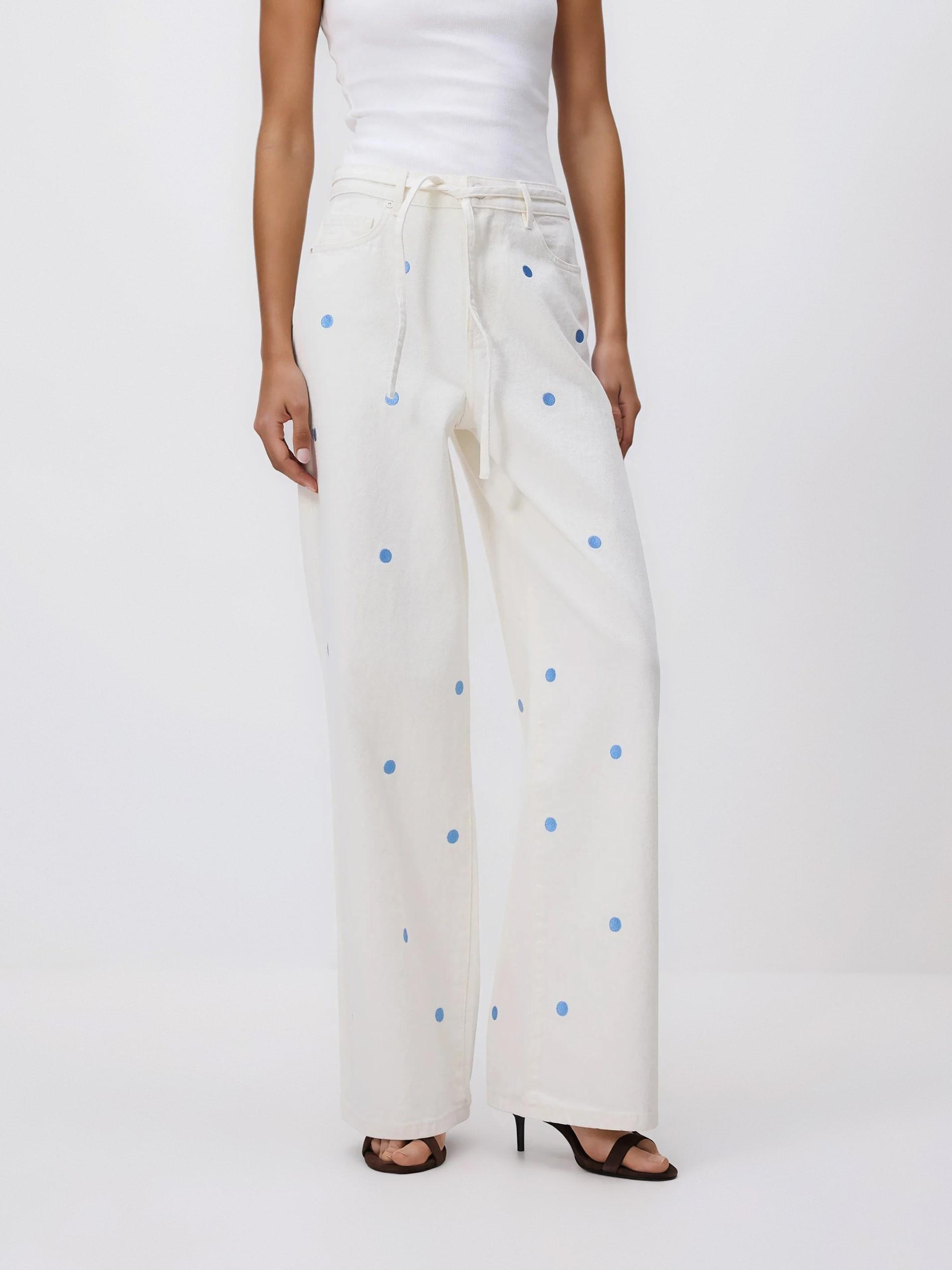 Cream Wide Leg Jeans With Embroidery Detailing, Ivory, large image number 0