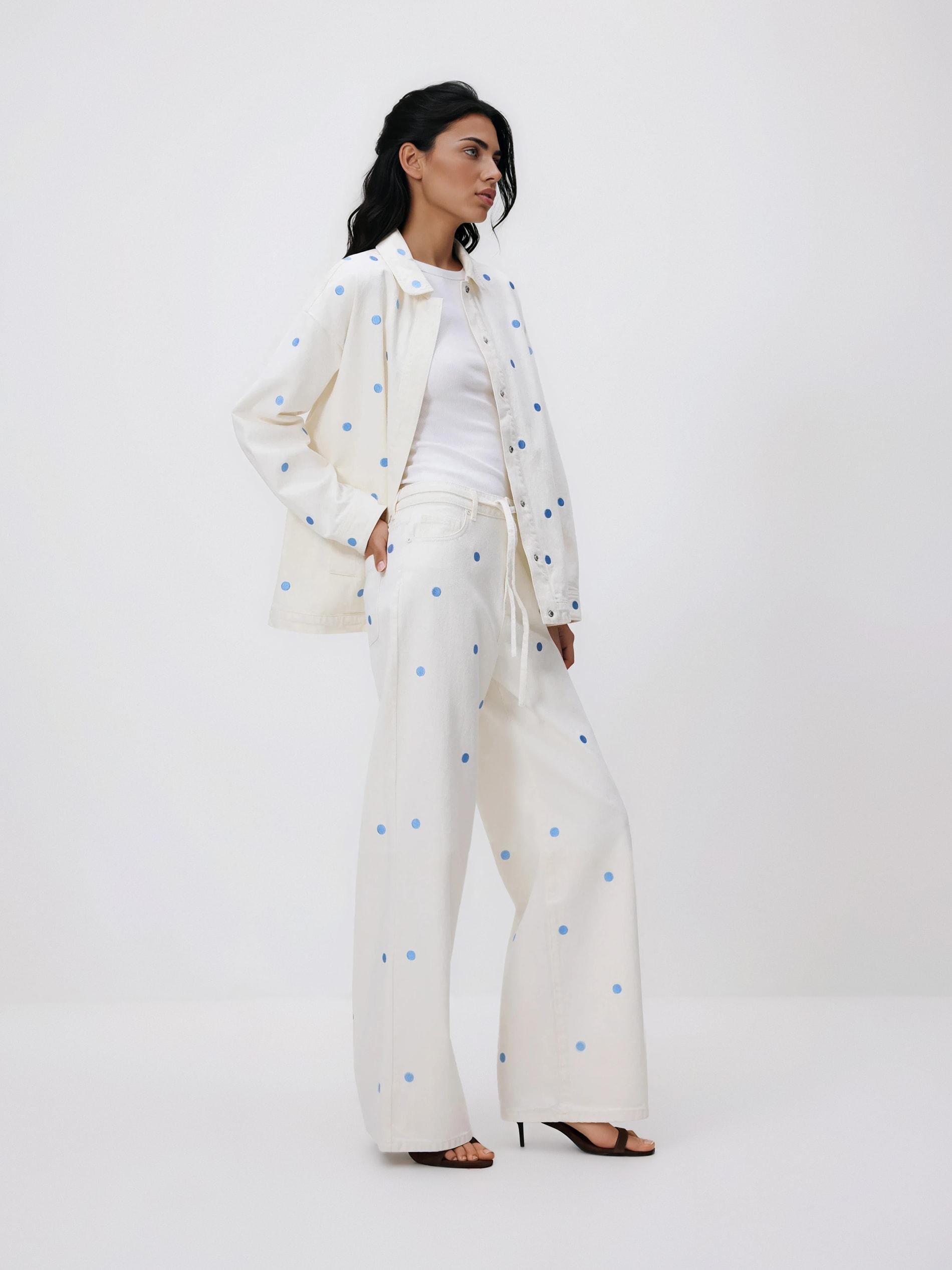Cream Wide Leg Jeans With Embroidery Detailing, Ivory, large image number 1