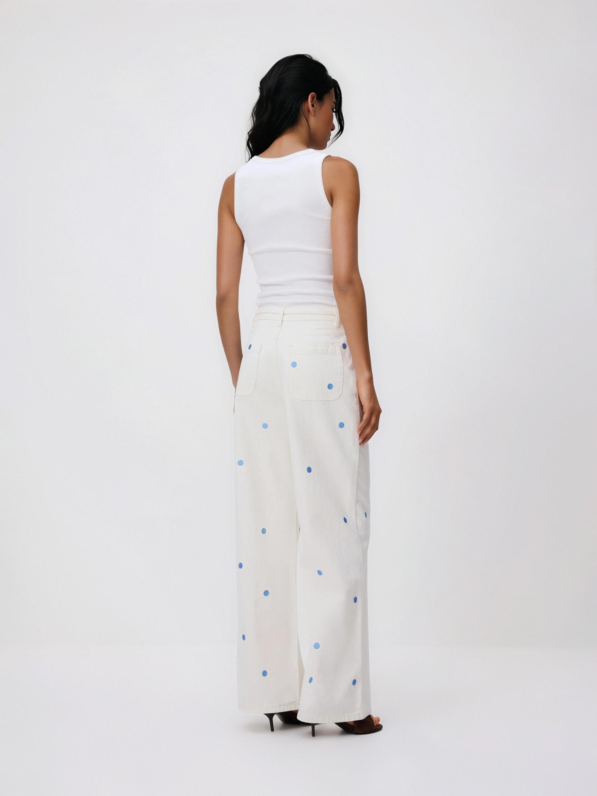 Cream Wide Leg Jeans With Embroidery Detailing, Ivory, large image number 2