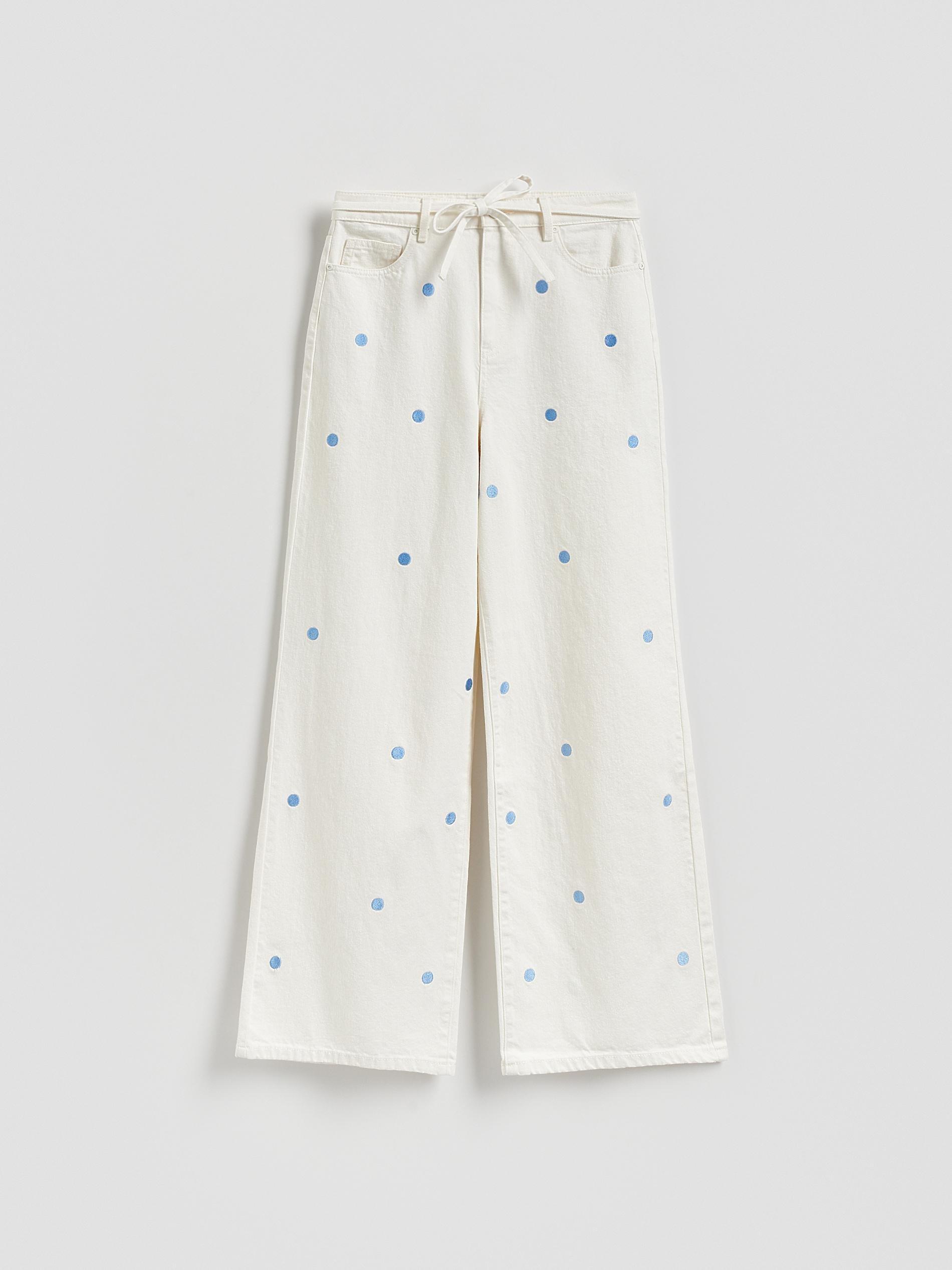 Cream Wide Leg Jeans With Embroidery Detailing, Ivory, large image number 4
