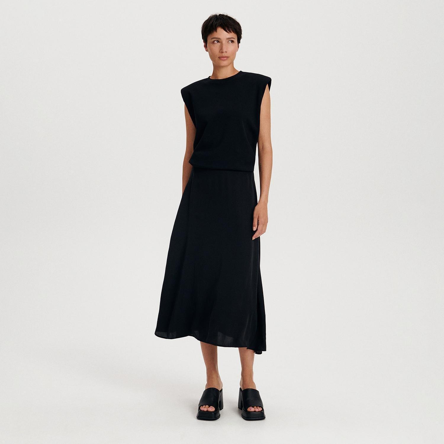 Black Flared Hem Midi Skirt, , large image number 1