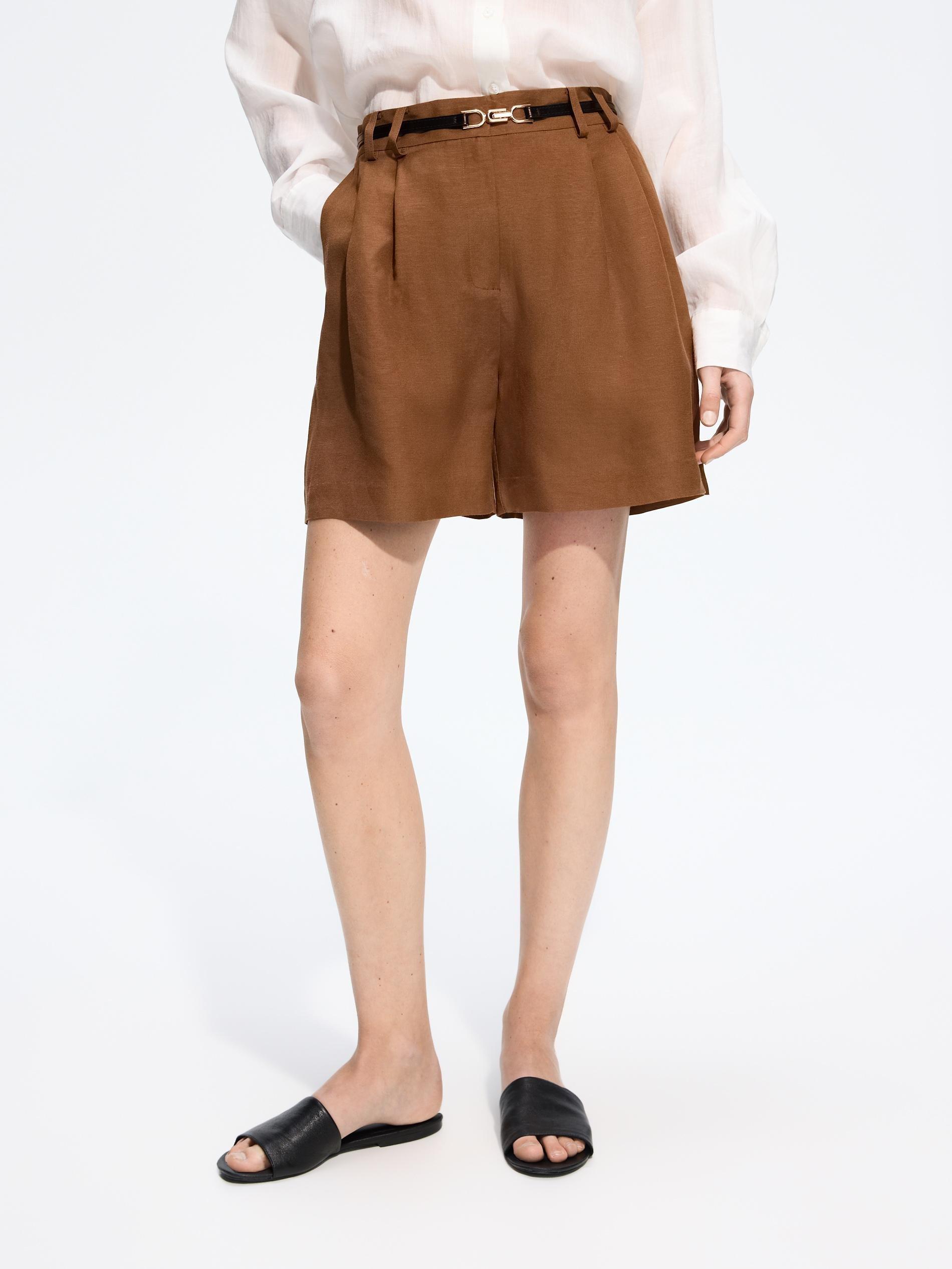 Brown Linen Blend Shorts, Brown, large image number 0
