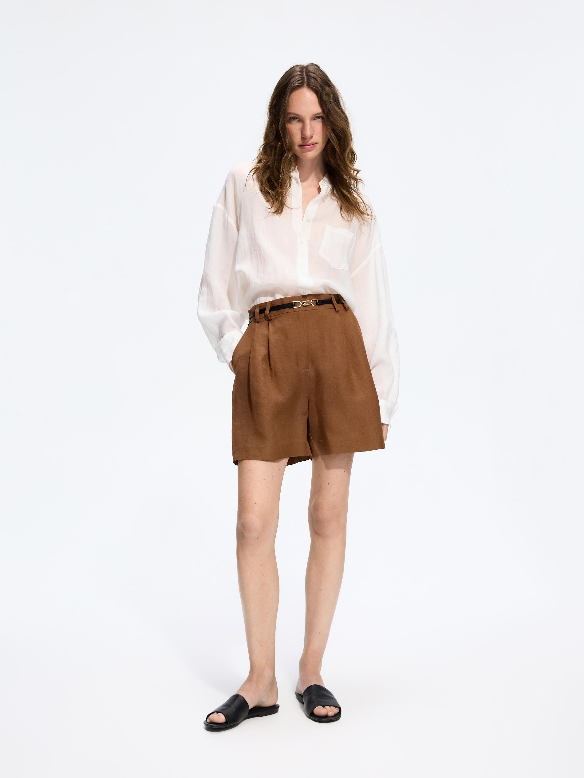 Brown Linen Blend Shorts, Brown, large image number 1