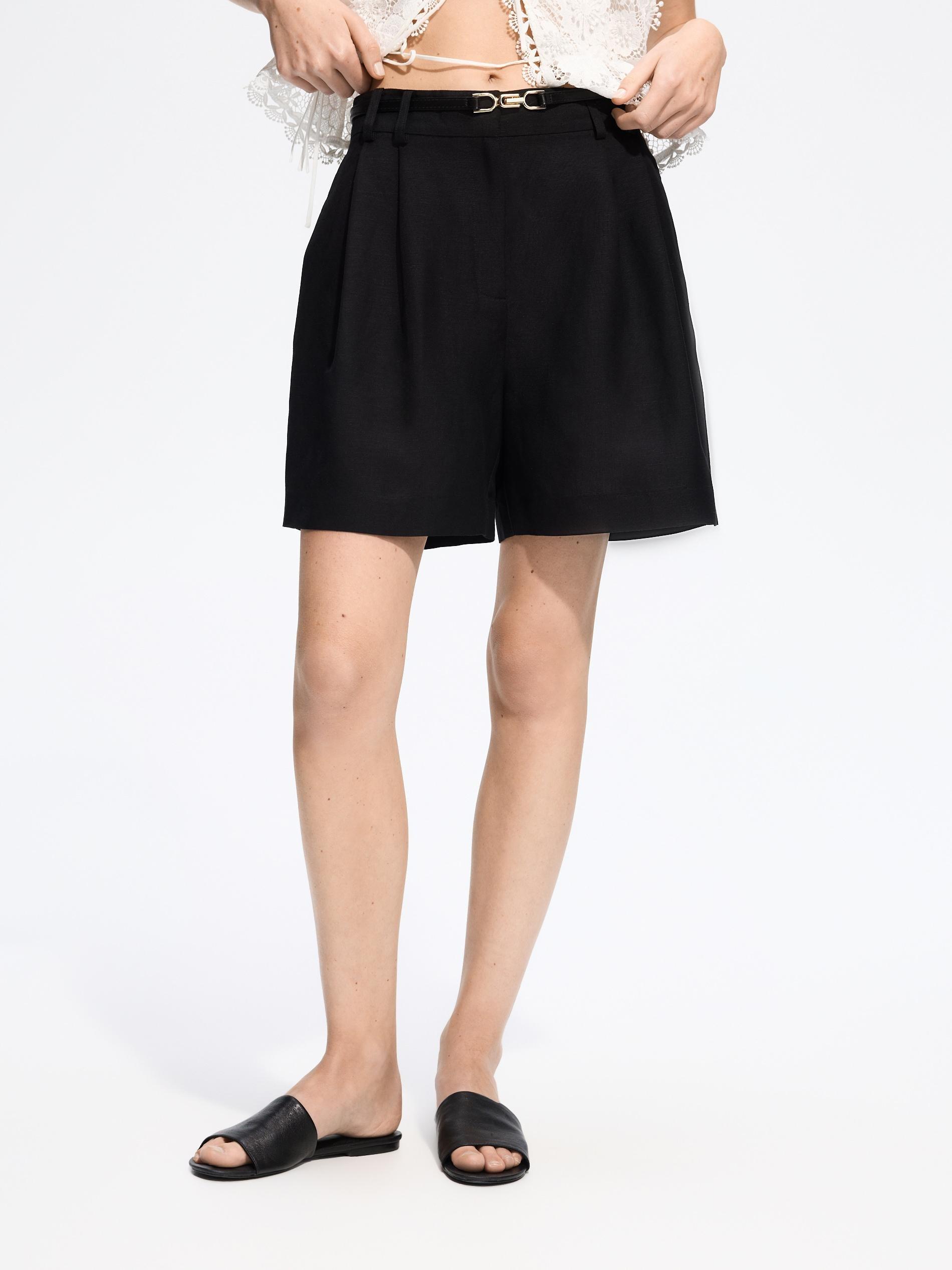 Black Linen Blend Shorts, Black, medium