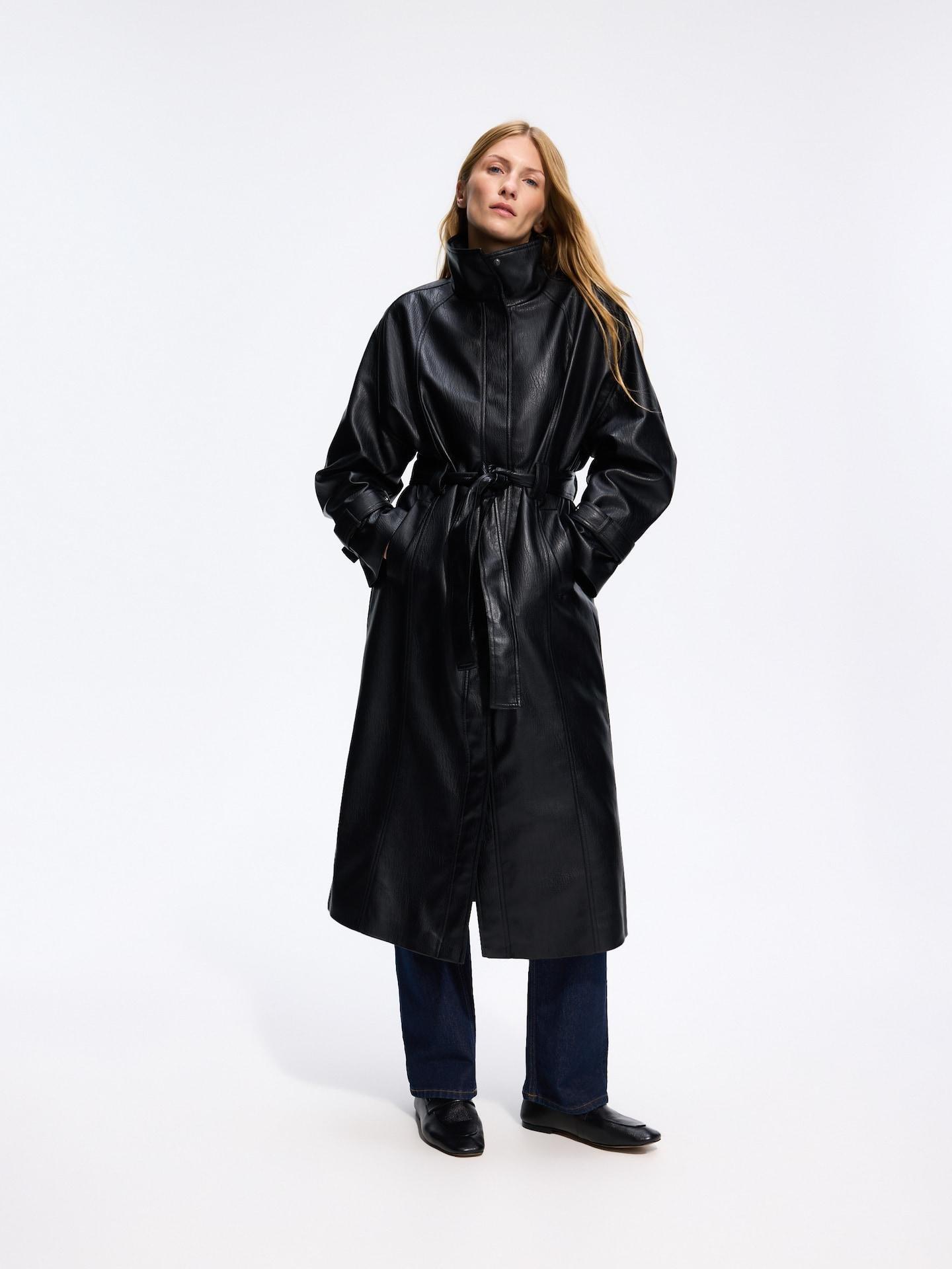Black Faux Leather Coat, Black, medium