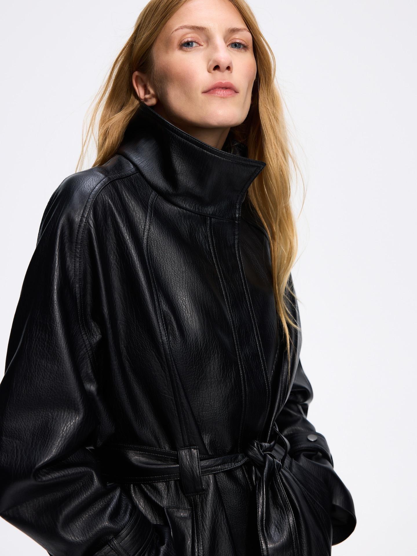 Black Faux Leather Coat, Black, medium