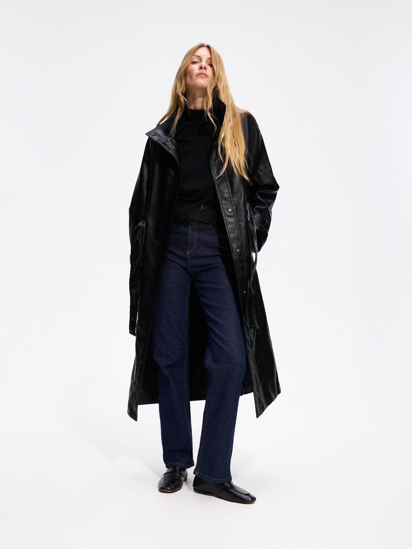 Black Faux Leather Coat, Black, medium