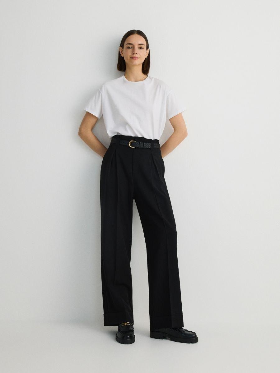 Black Wide-Leg Trousers With Drawstring, , large image number 0