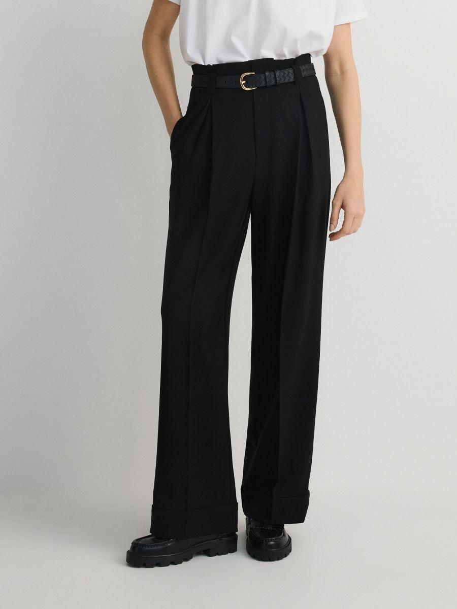 Black Wide-Leg Trousers With Drawstring, , large image number 1