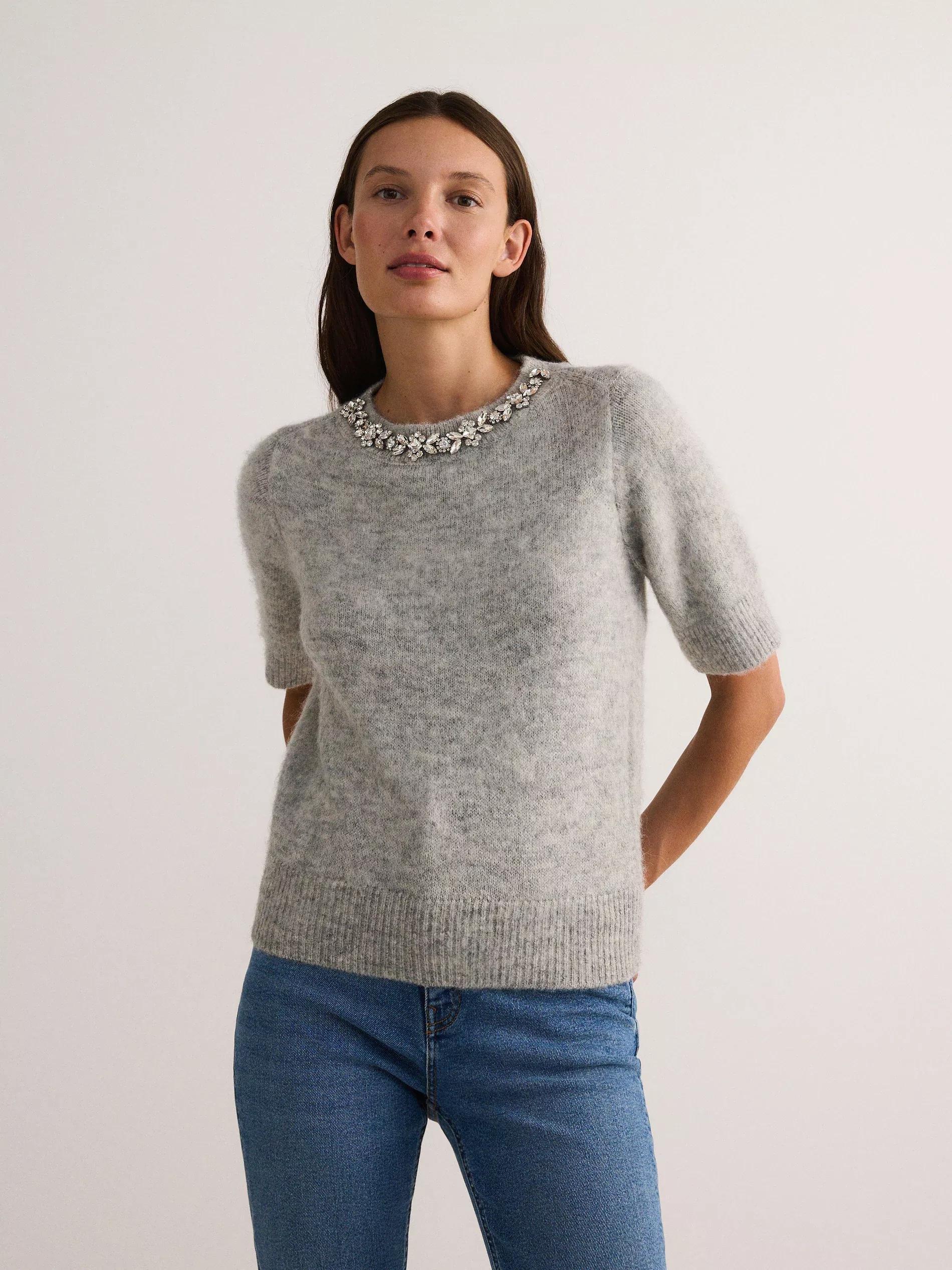 Grey Sweater With Decorative Applique, , large image number 0