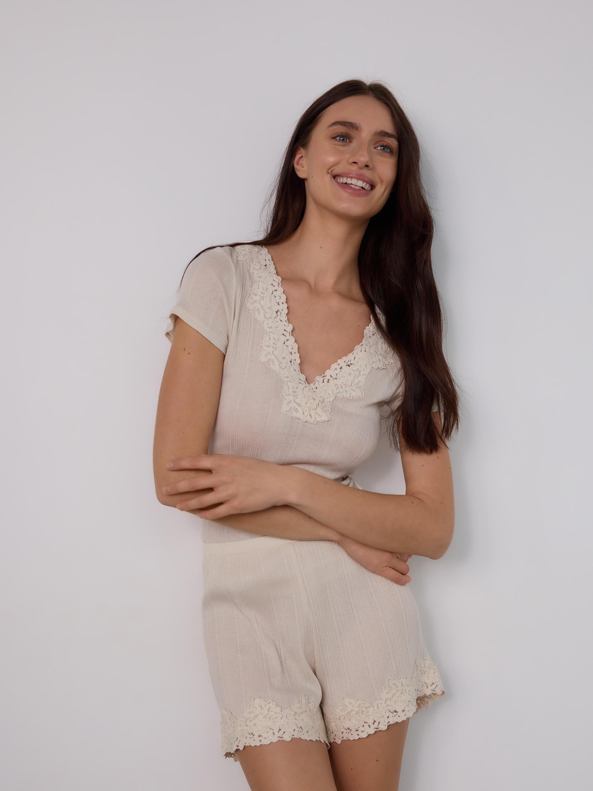 Beige Viscose Blend Two Piece Pyjama Set, , medium