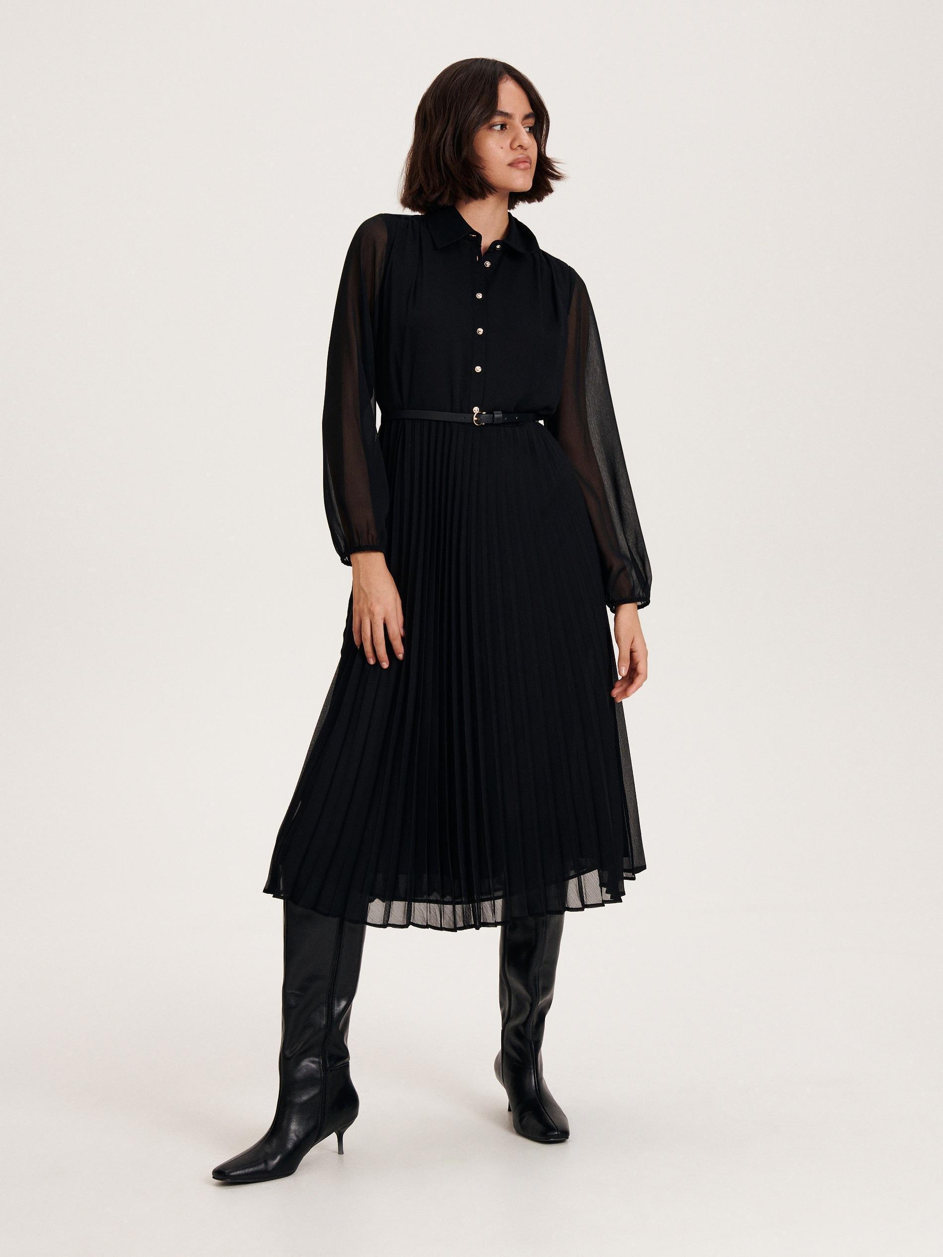 Reserved - Black Pleated Dress With Belt