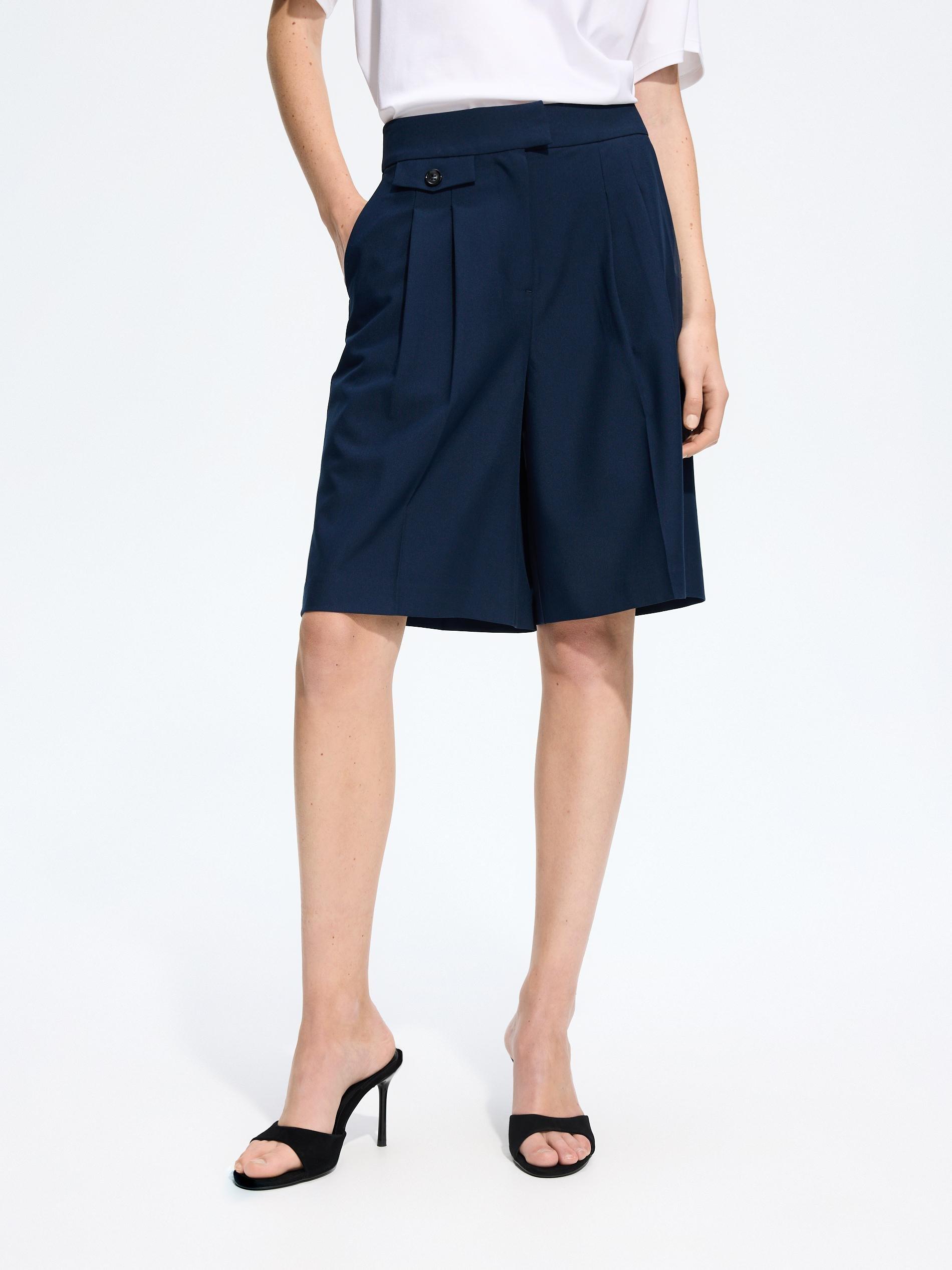Navy Bermuda Shorts With Pleats, Navy, large image number 1