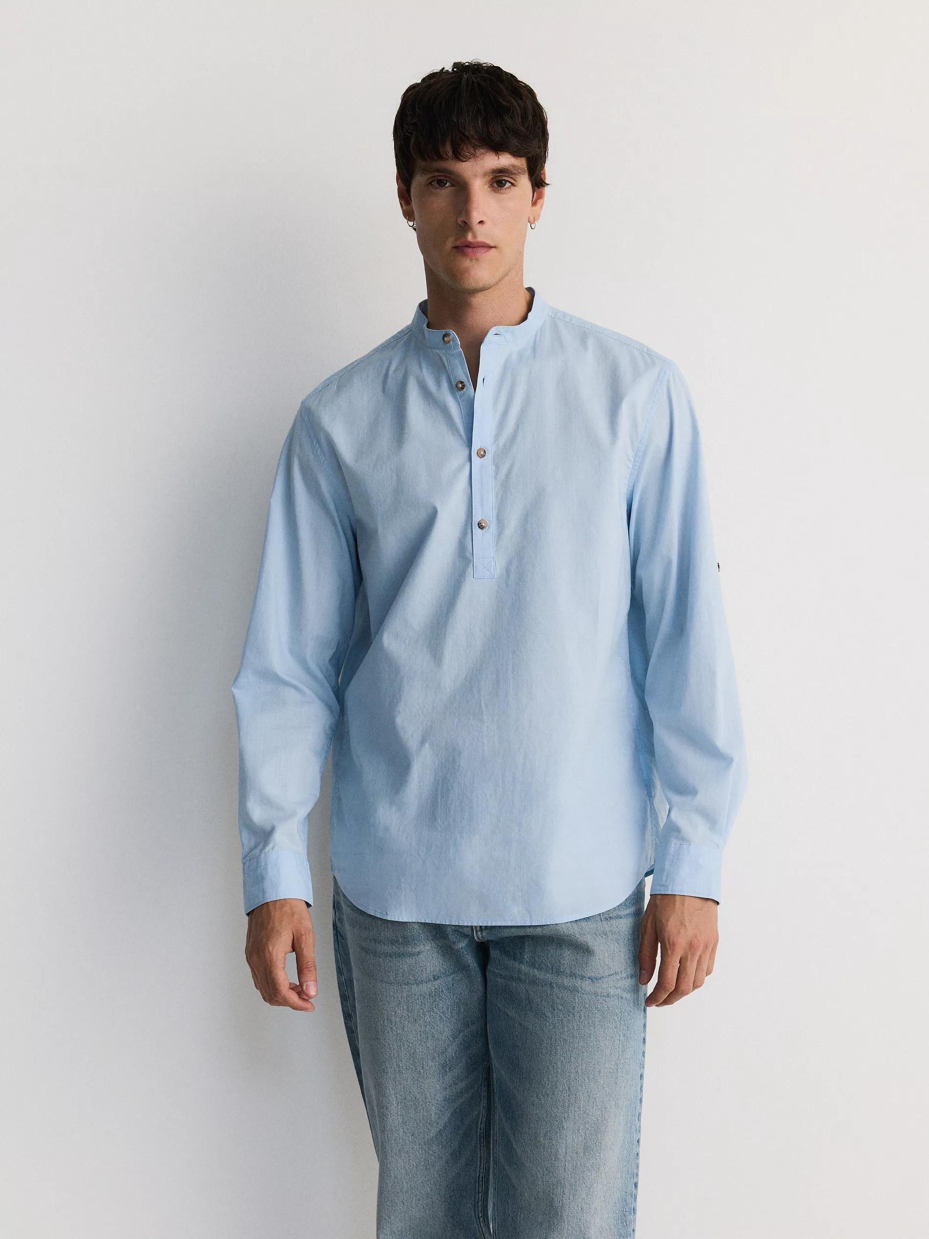 Blue Stand-Up Collar Shirt, , large image number 0