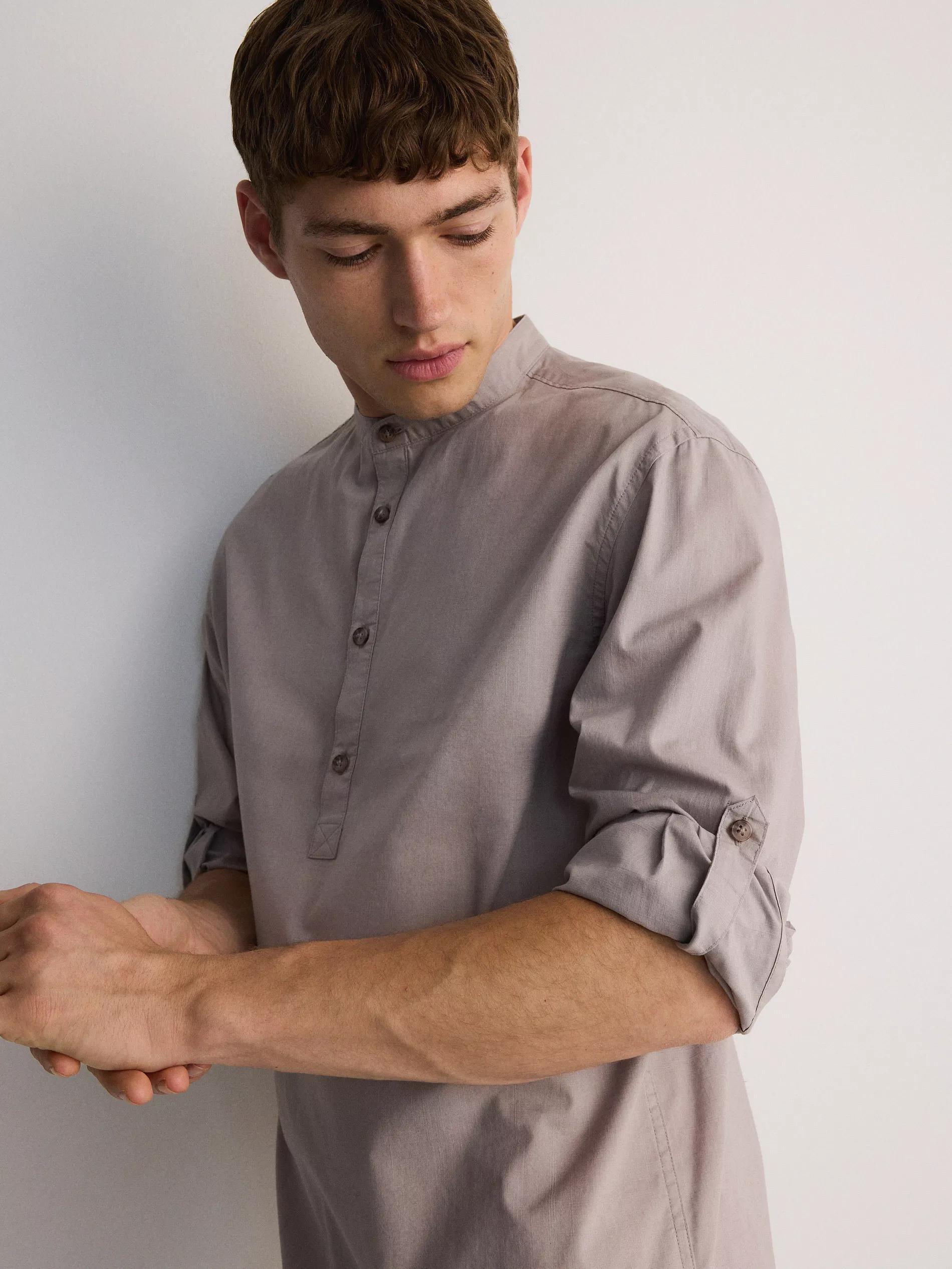 Beige Stand-Up Collar Shirt, , large image number 0