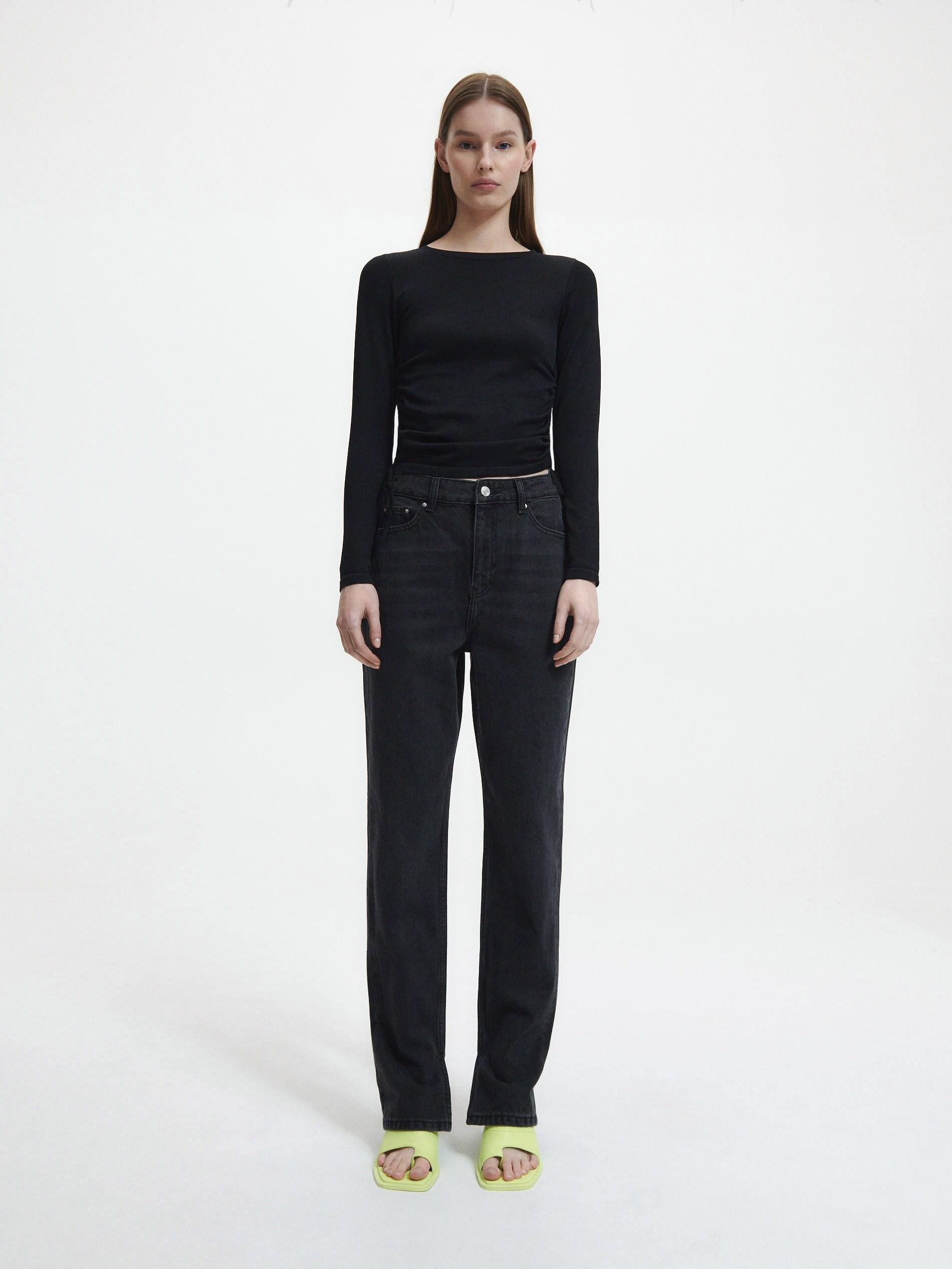 Black Rib Knit Jersey Blouse, , large image number 0