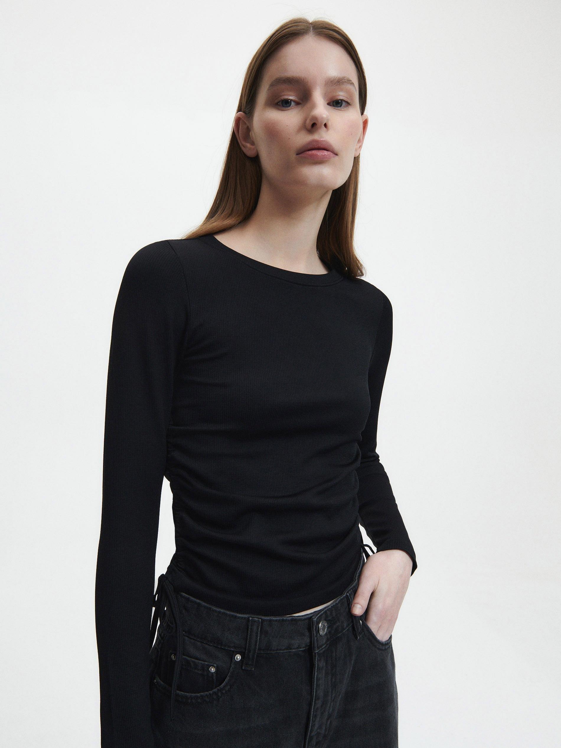 Black Rib Knit Jersey Blouse, , large image number 1