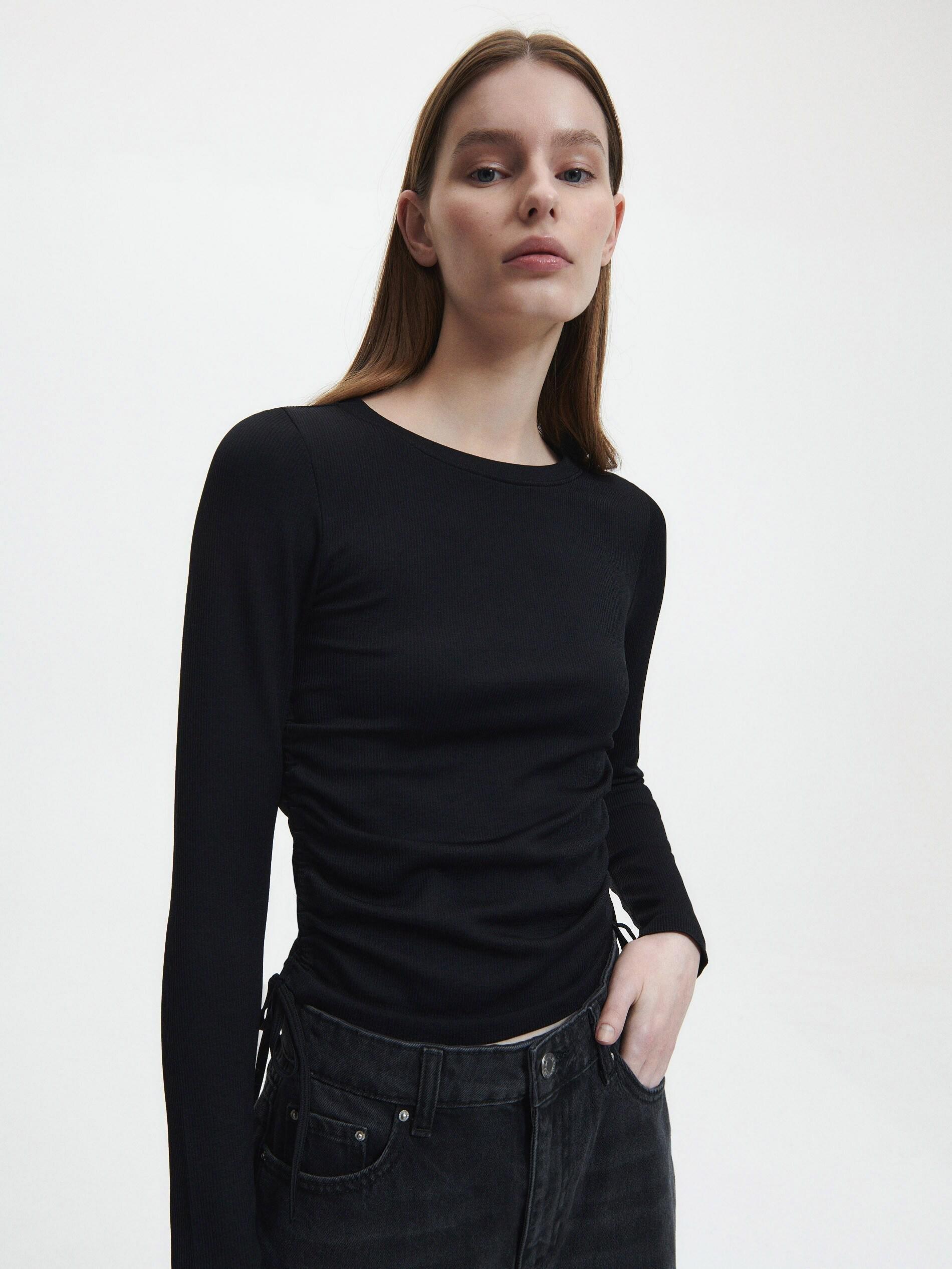 Black Rib Knit Jersey Blouse, , large image number 2