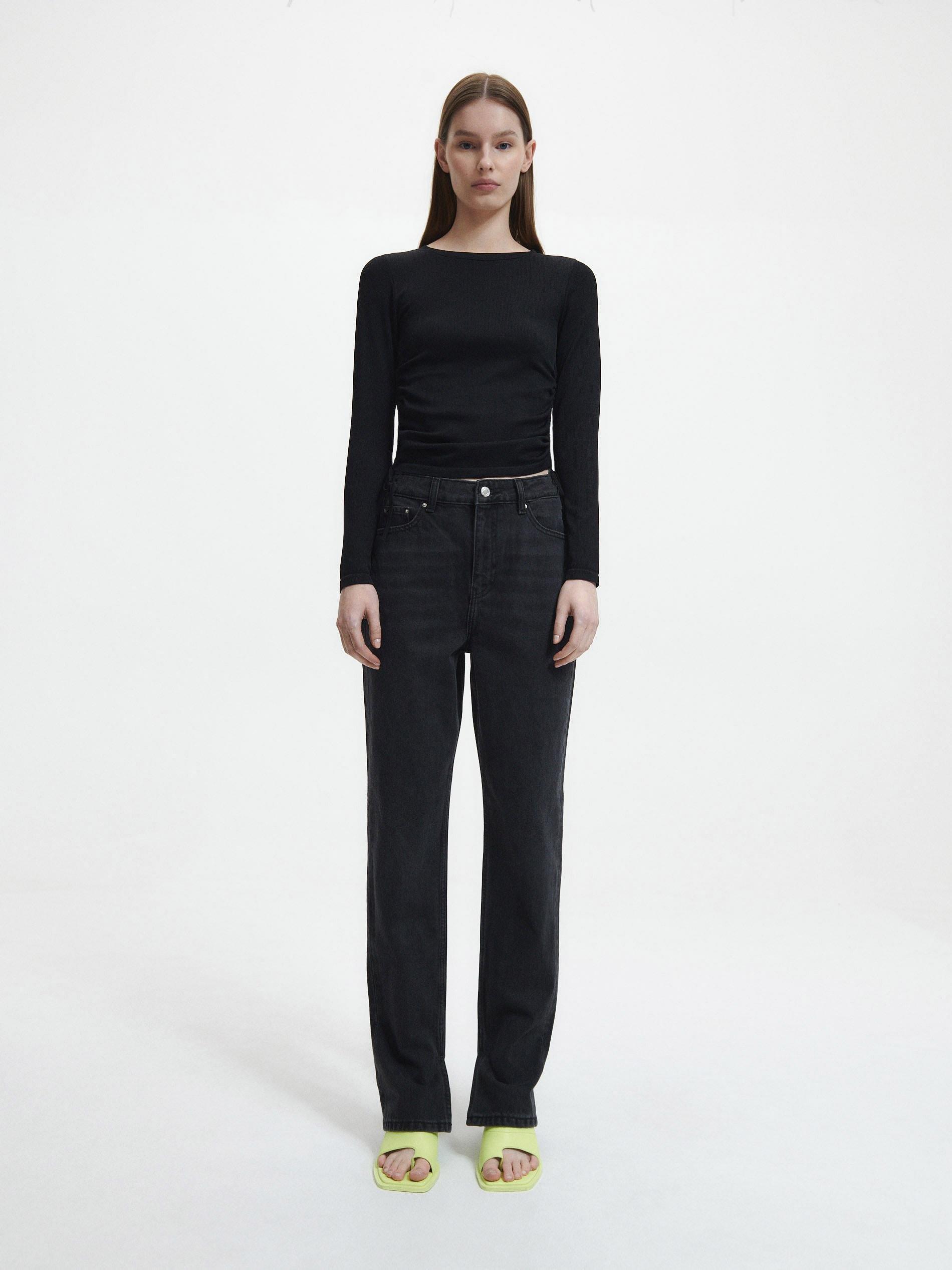 Black Rib Knit Jersey Blouse, , large image number 3