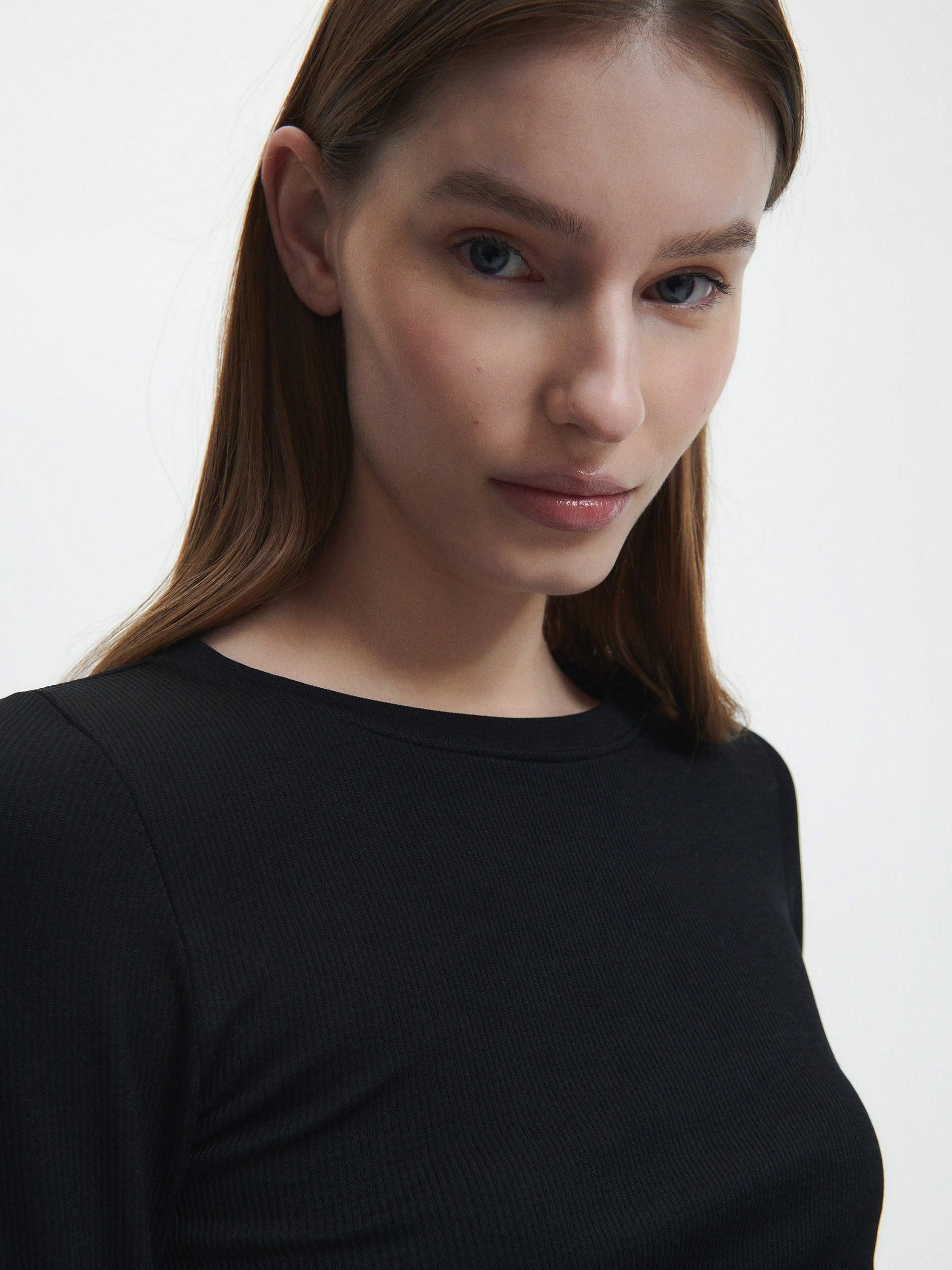 Black Rib Knit Jersey Blouse, , large image number 4
