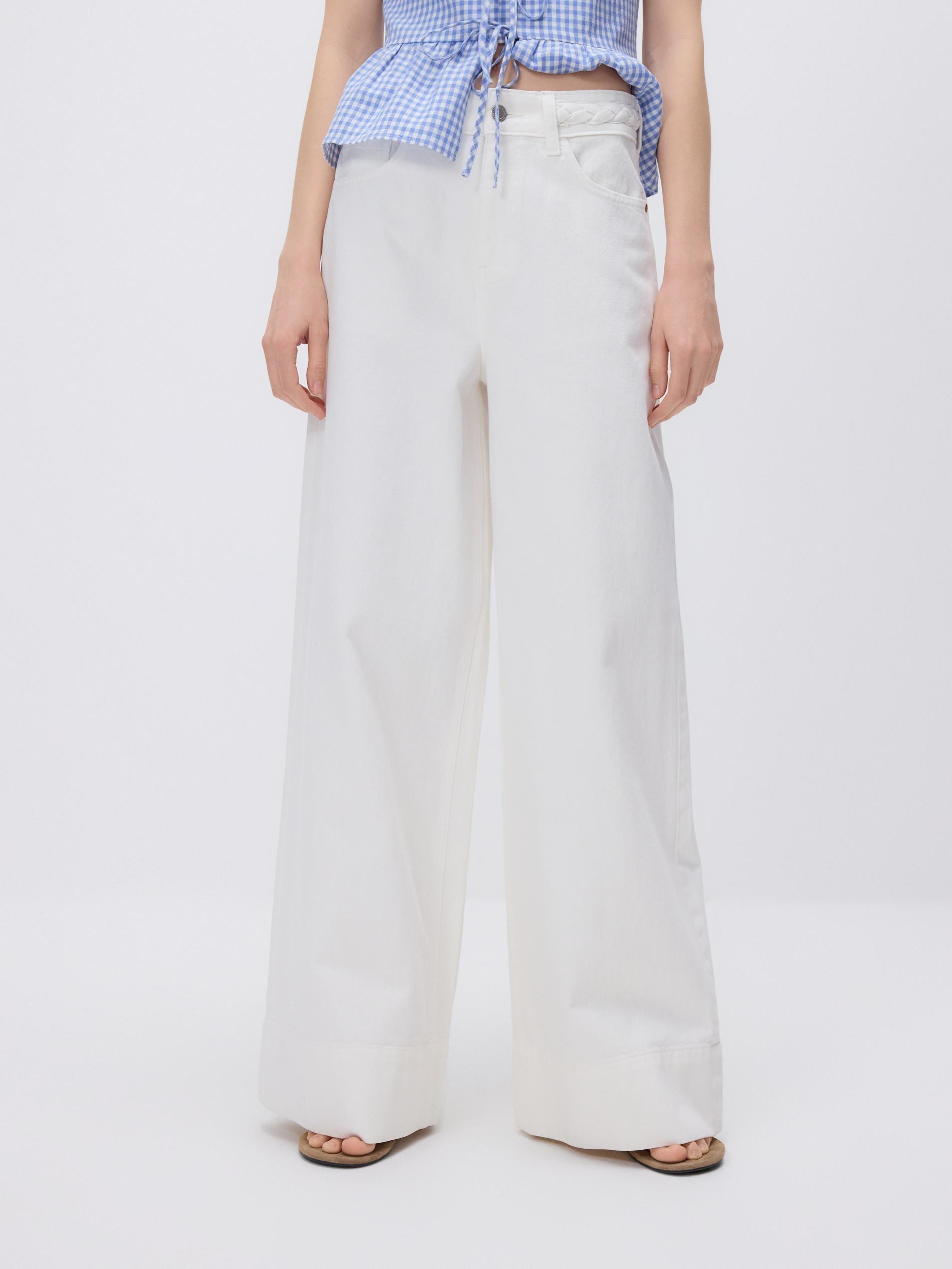 White Wide Leg Jeans With Decorative Insert, White, large image number 0