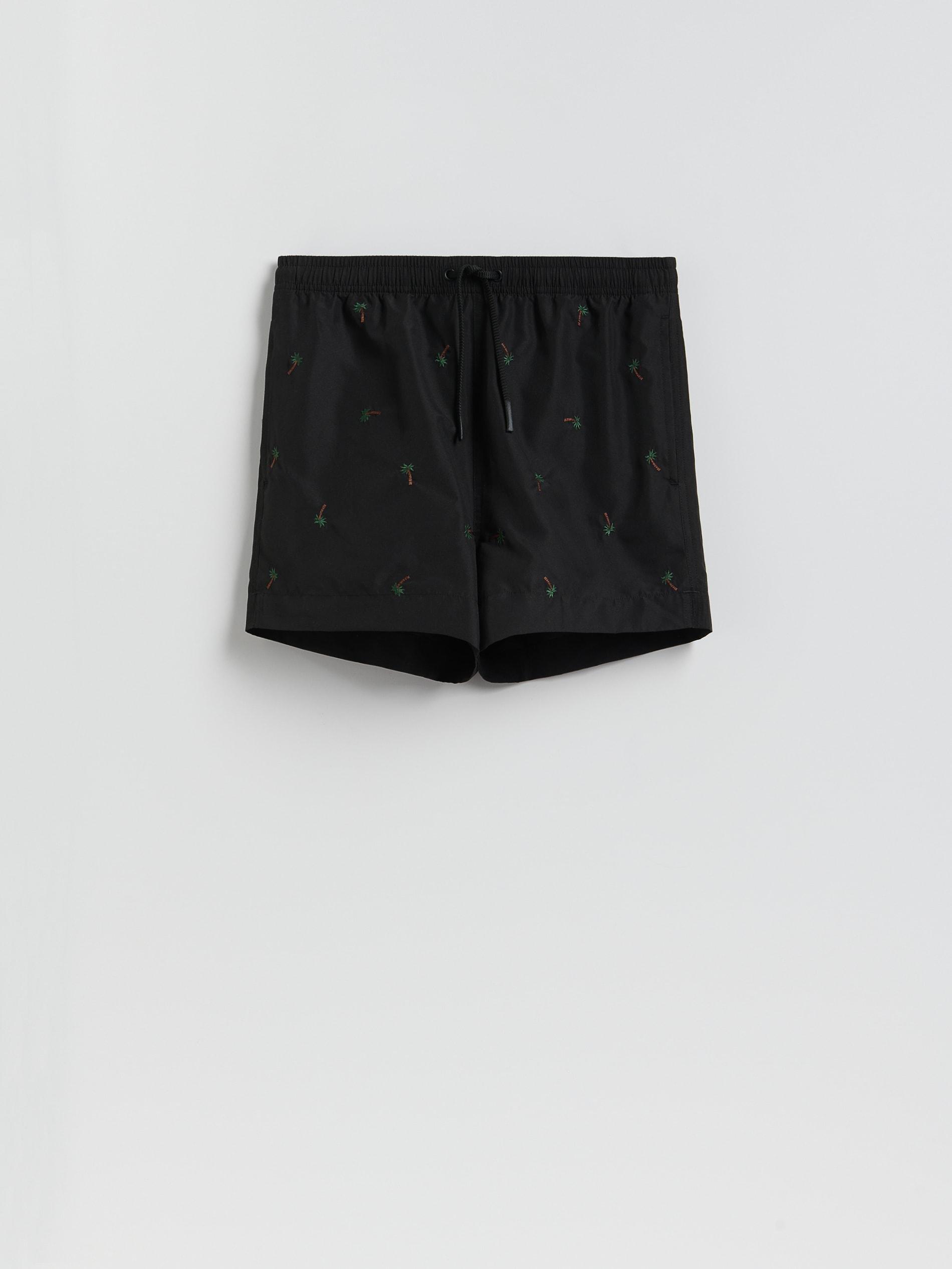Black Patterned Beach Shorts, Black, large image number 0