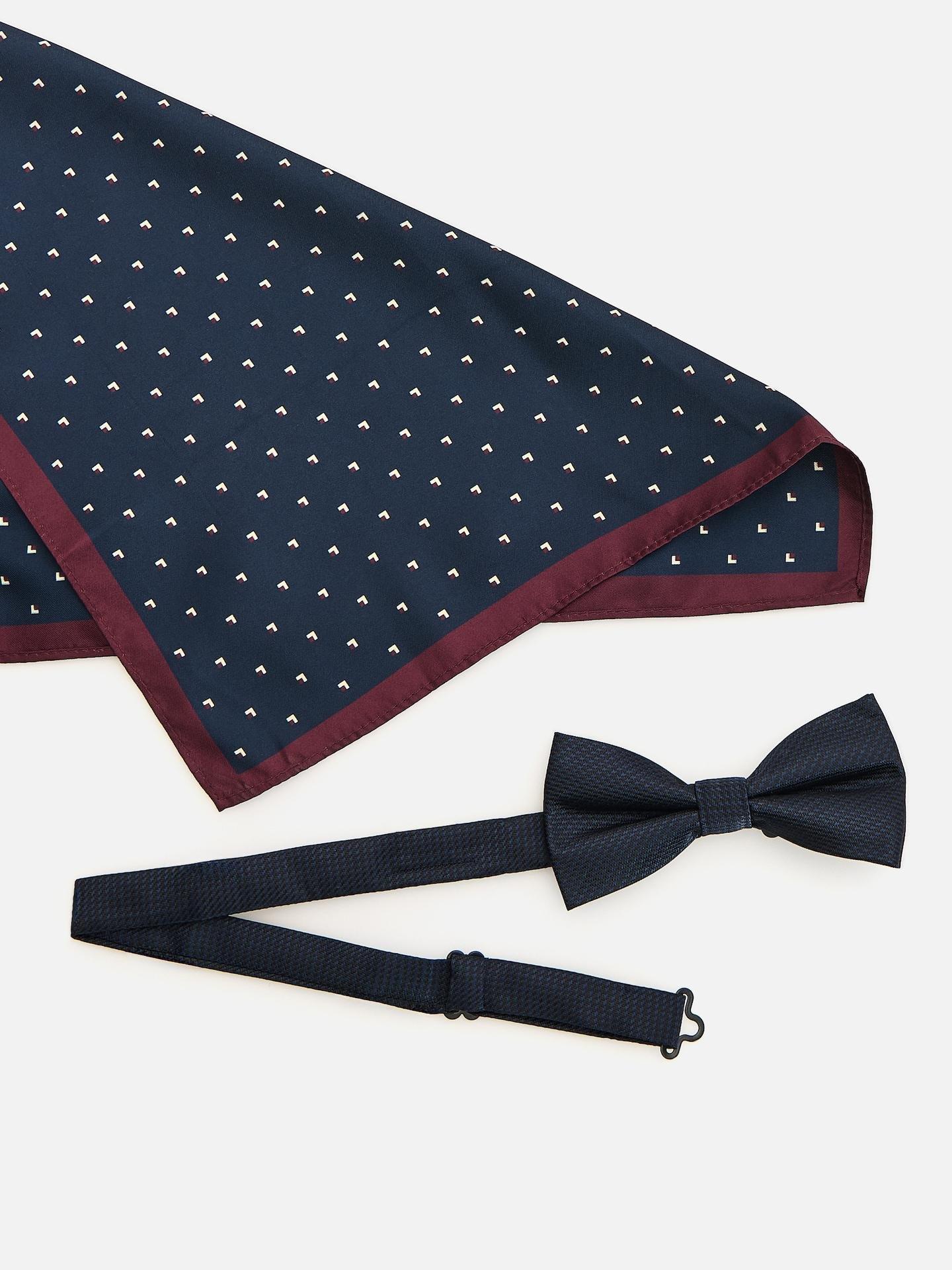 Blue Jacquard Bow Tie With Patterned Pocket Square, Navy, large image number 1