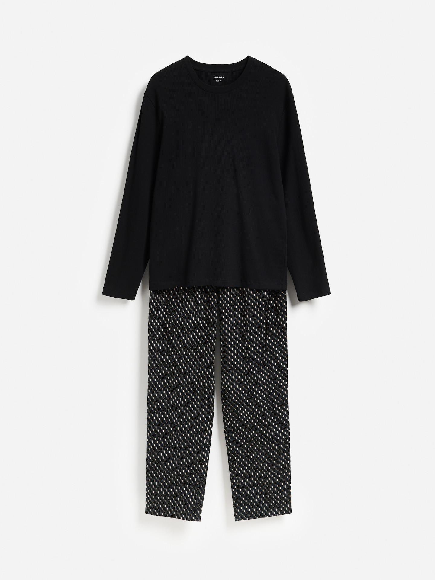Black Two Piece Cotton Pyjama Set, Black, medium