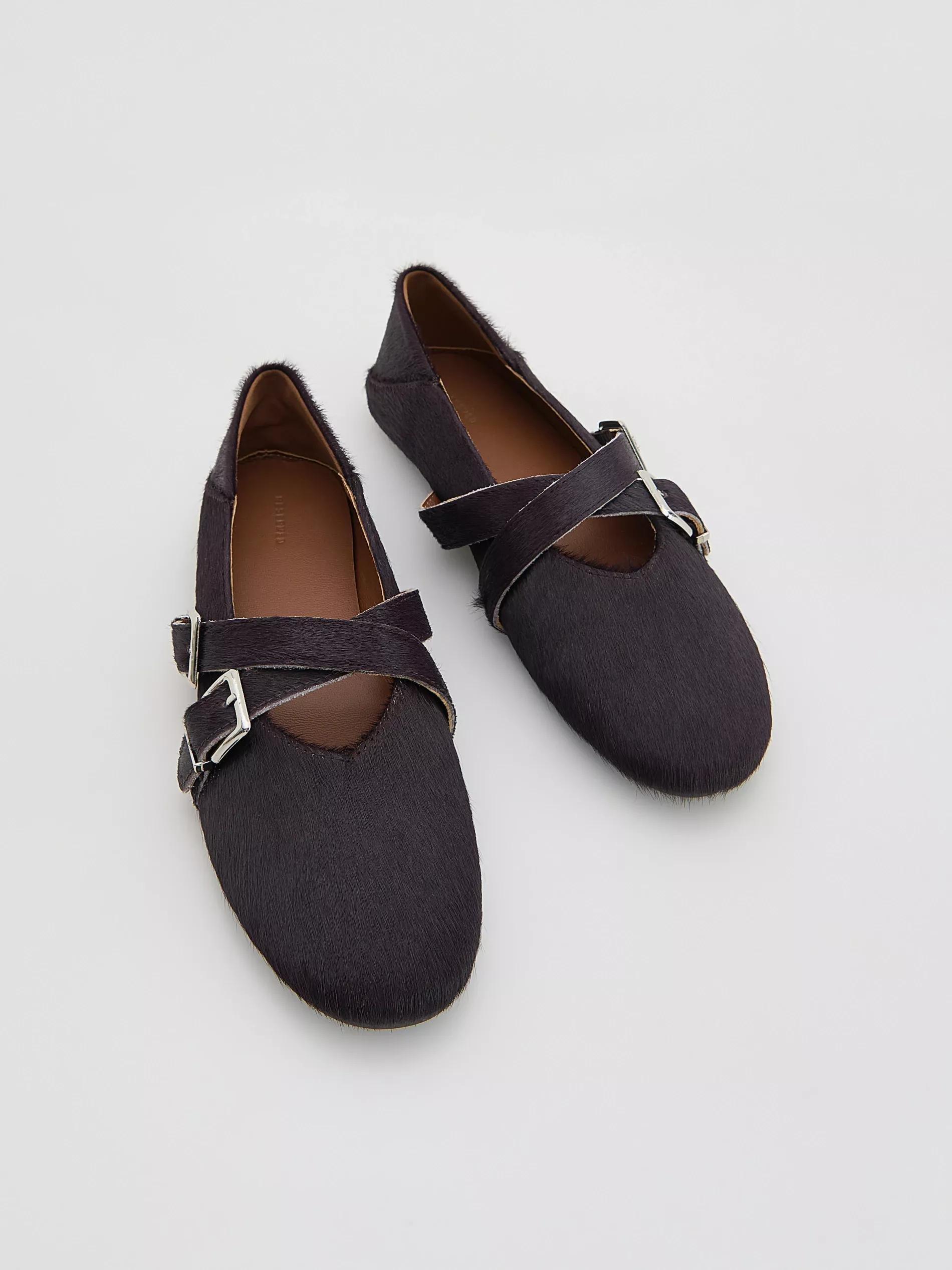 Maroon Leather Ballet Flats With Fur, Burgundy, large image number 1