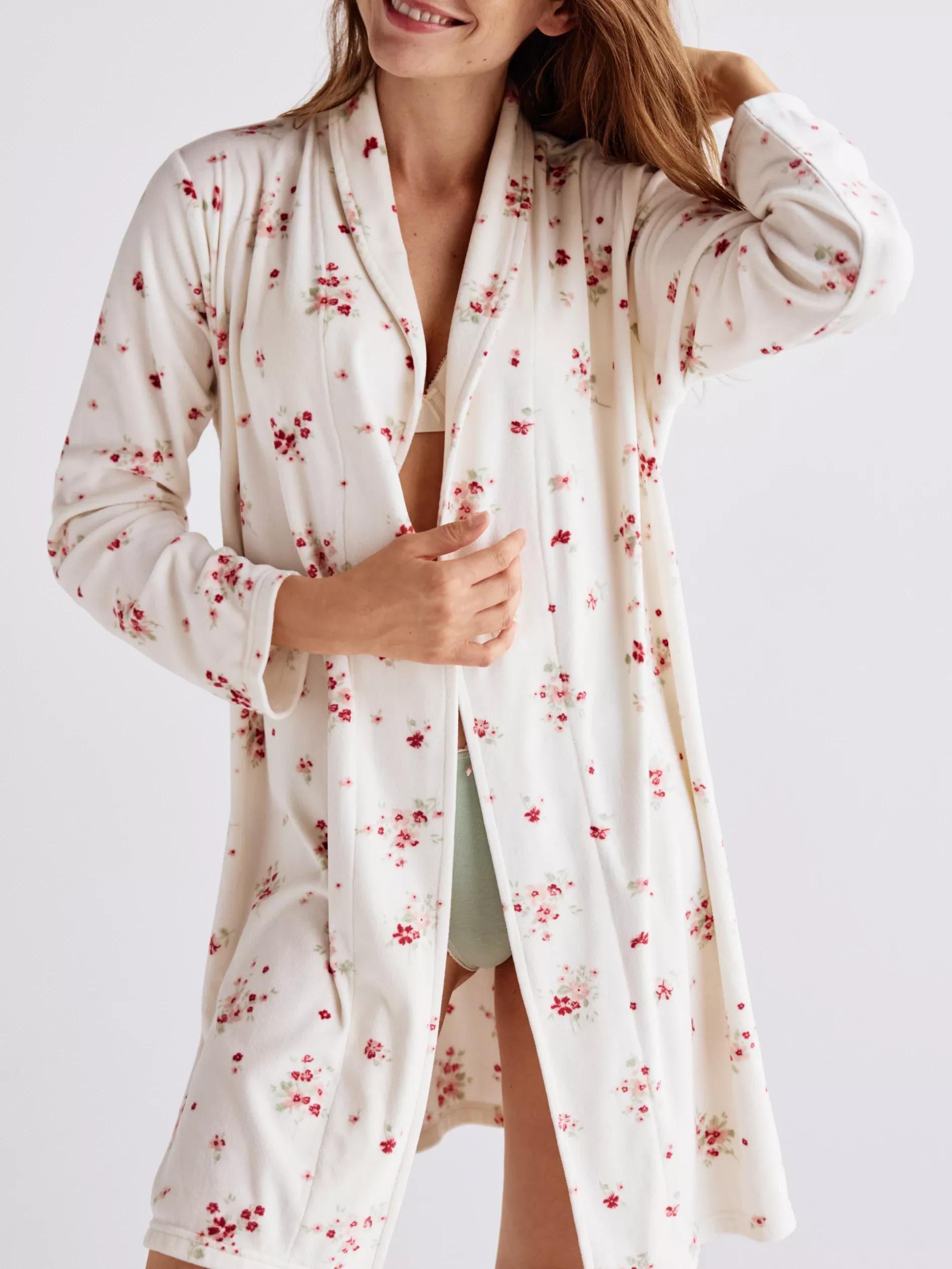 CREAM Patterned dressing gown with belt, Ivory, large image number 1