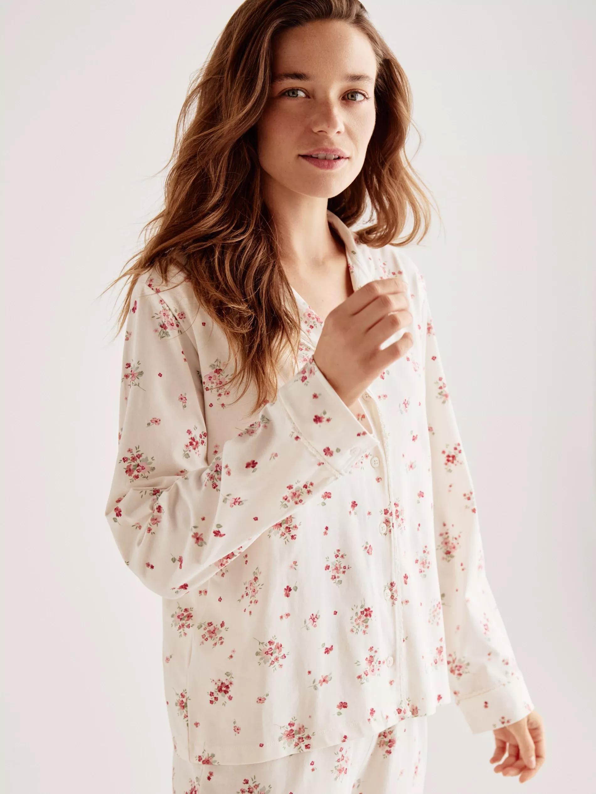 Cream Patterned Two-Piece Pajamas, Ivory, large image number 1