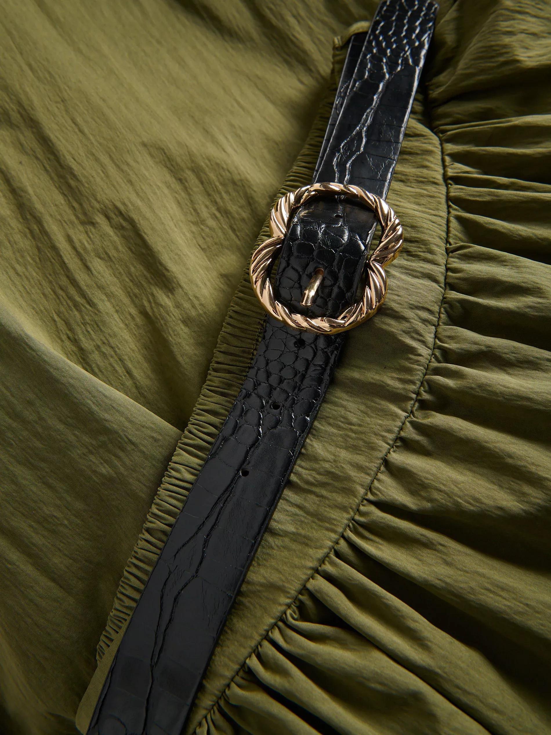 Green Midi Skirt With Belt, Khaki, medium