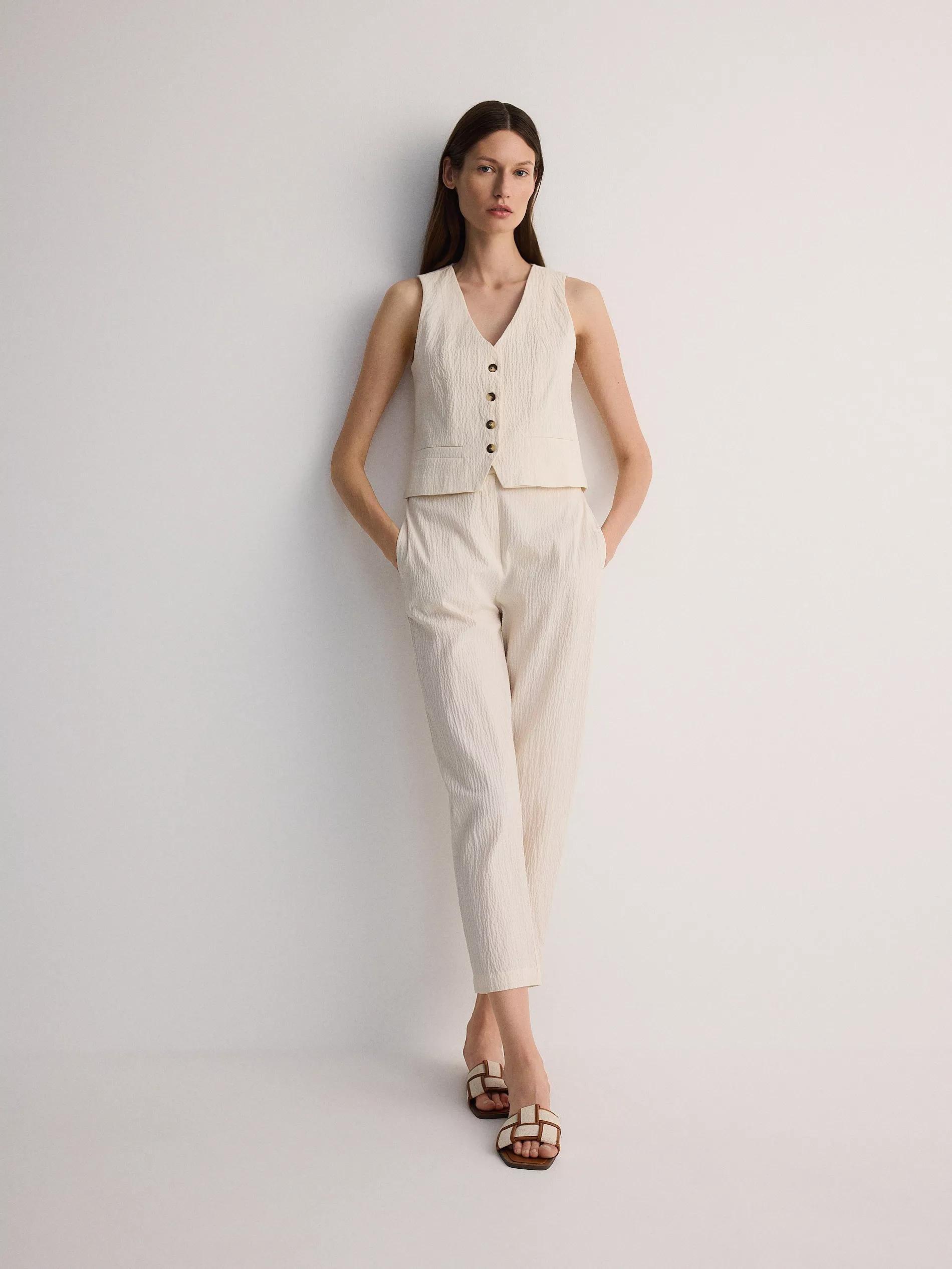 Beige V-Neck Structured Suit Vest, , large image number 4