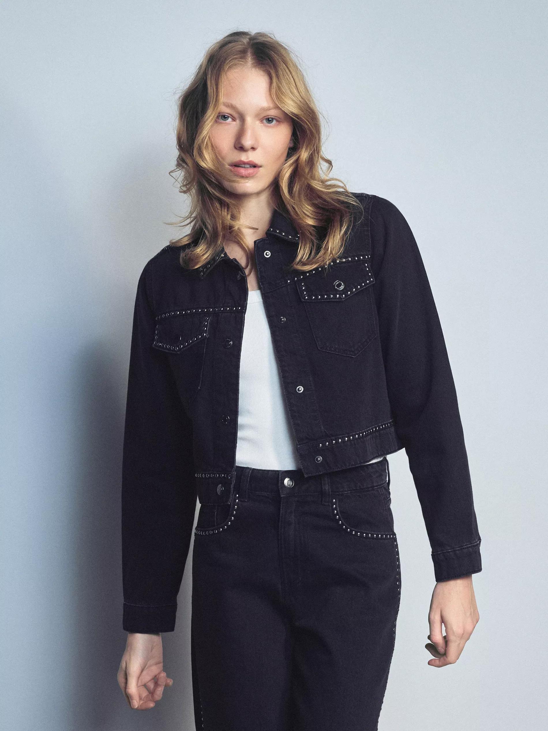 Black Denim Jacket With Studs, Black, large image number 0