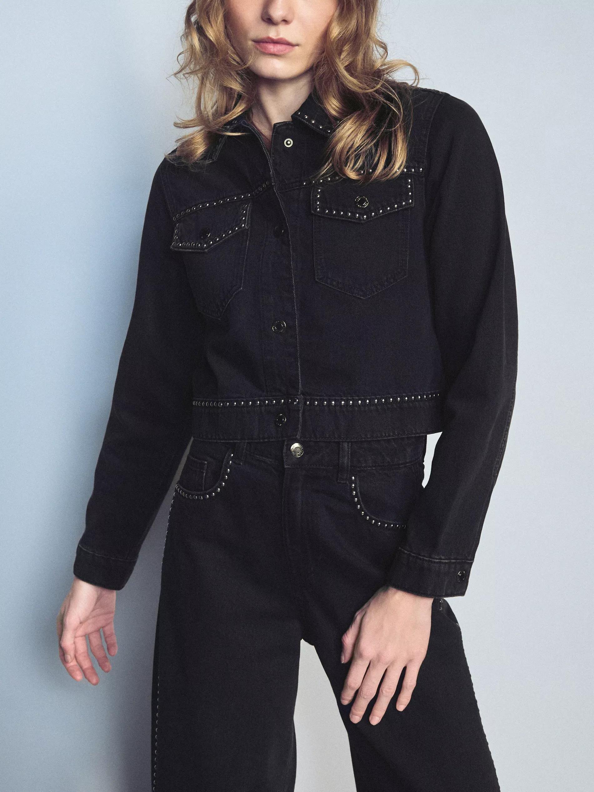 Black Denim Jacket With Studs, Black, large image number 1