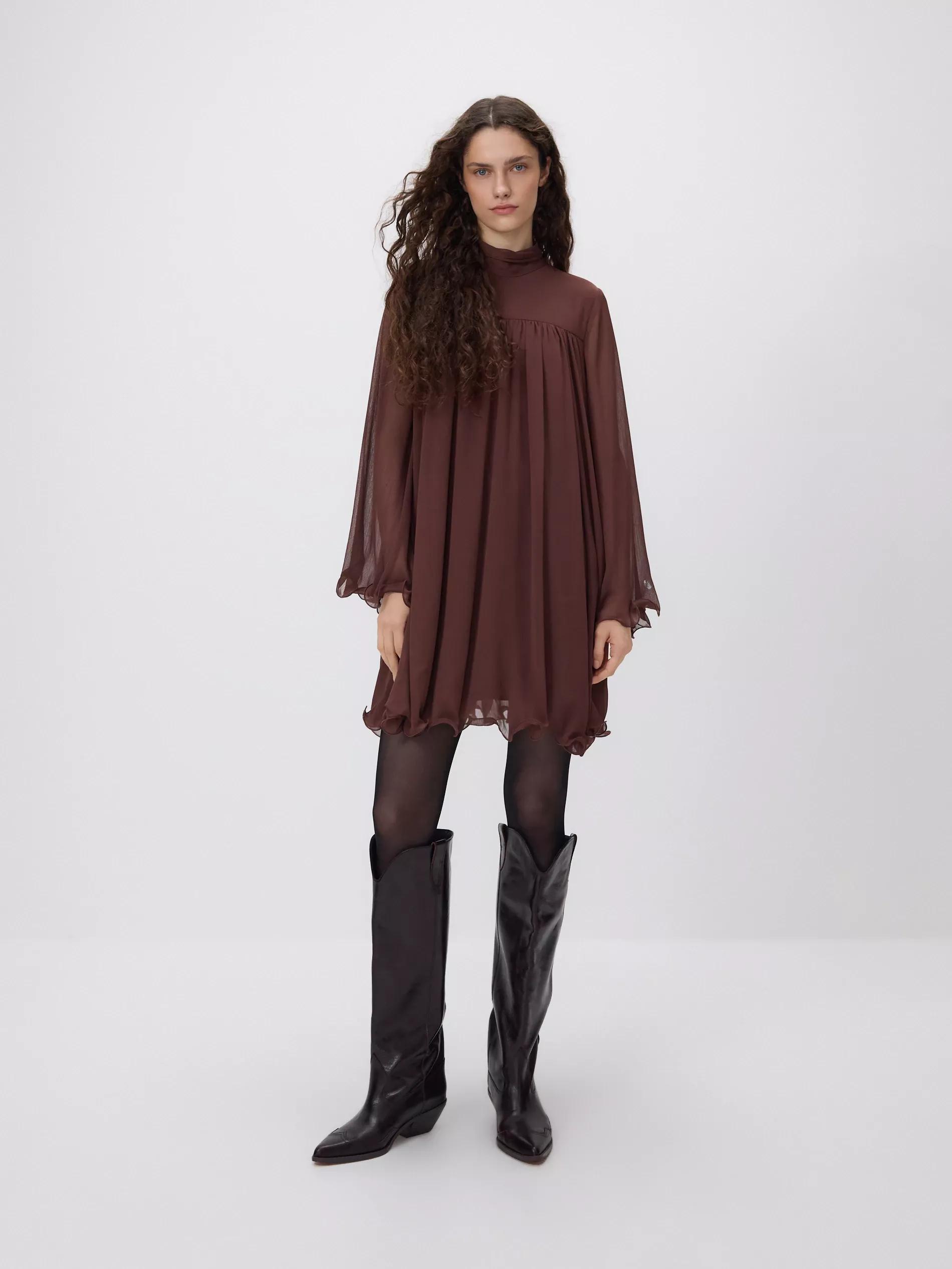 Brown Chiffon Mini Dress, Brown, large image number 0